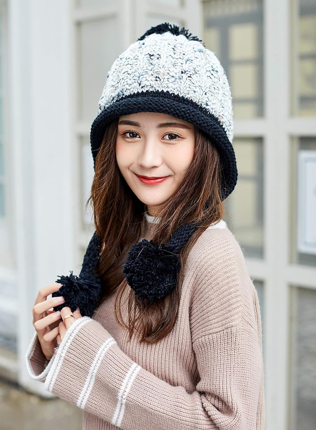 Women Winter Peruvian Cover Ears Beanie Hat Ear Flaps Sherpa Ski Snow Hats Knit Fleece Lined 3 Pom Pom - Image 6