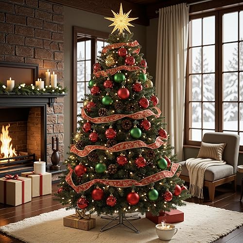 Vista 9 de Árbol de Navidad de abeto preiluminado de 6 pies con control remoto, 300 luces LED de cambio de color blanco cálido multicolor, artificial