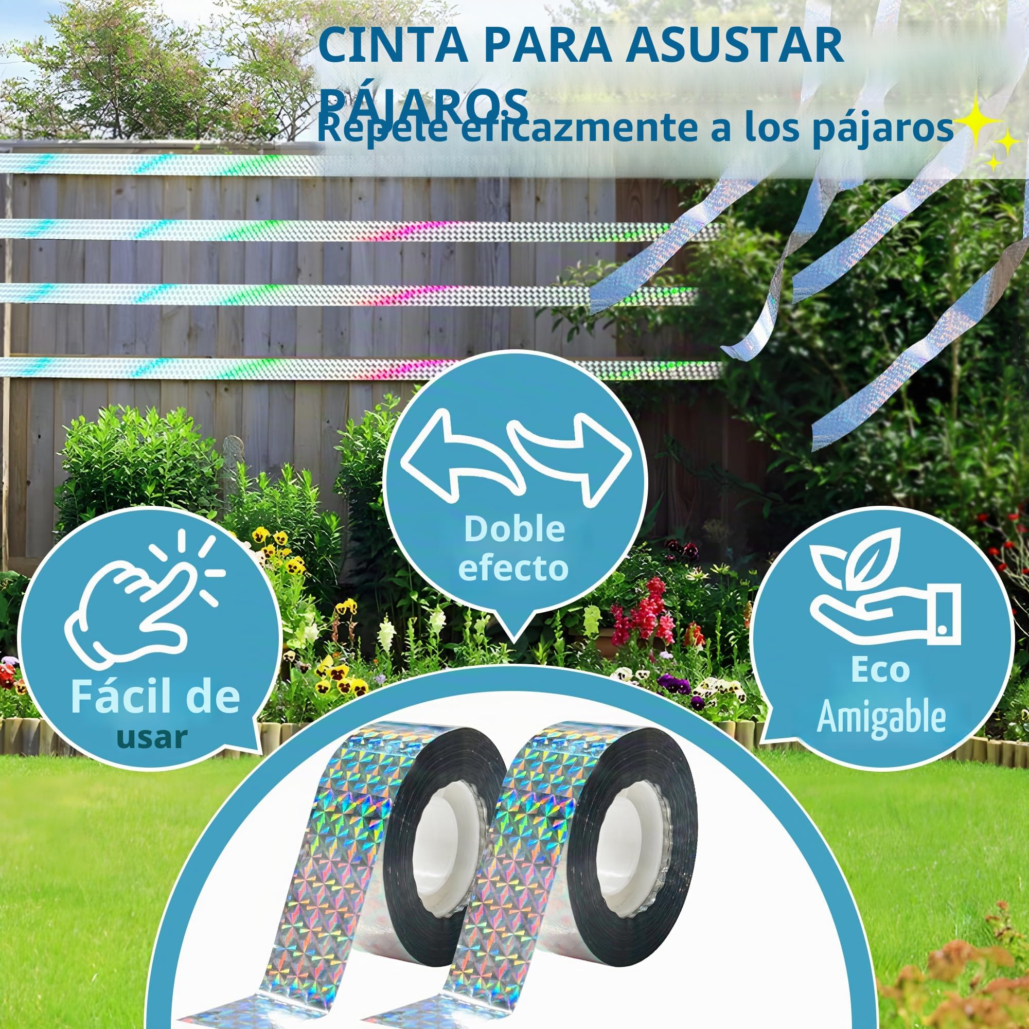 Cintas para Espantar Pájaros 80 m de Cinta Reflejante para Aves, Dispositivo para Asustar Pájaros Cinta de Doble Cara para Asustar a los Pájaros para Casa, Jardín, Patio, Huerto, Exterior