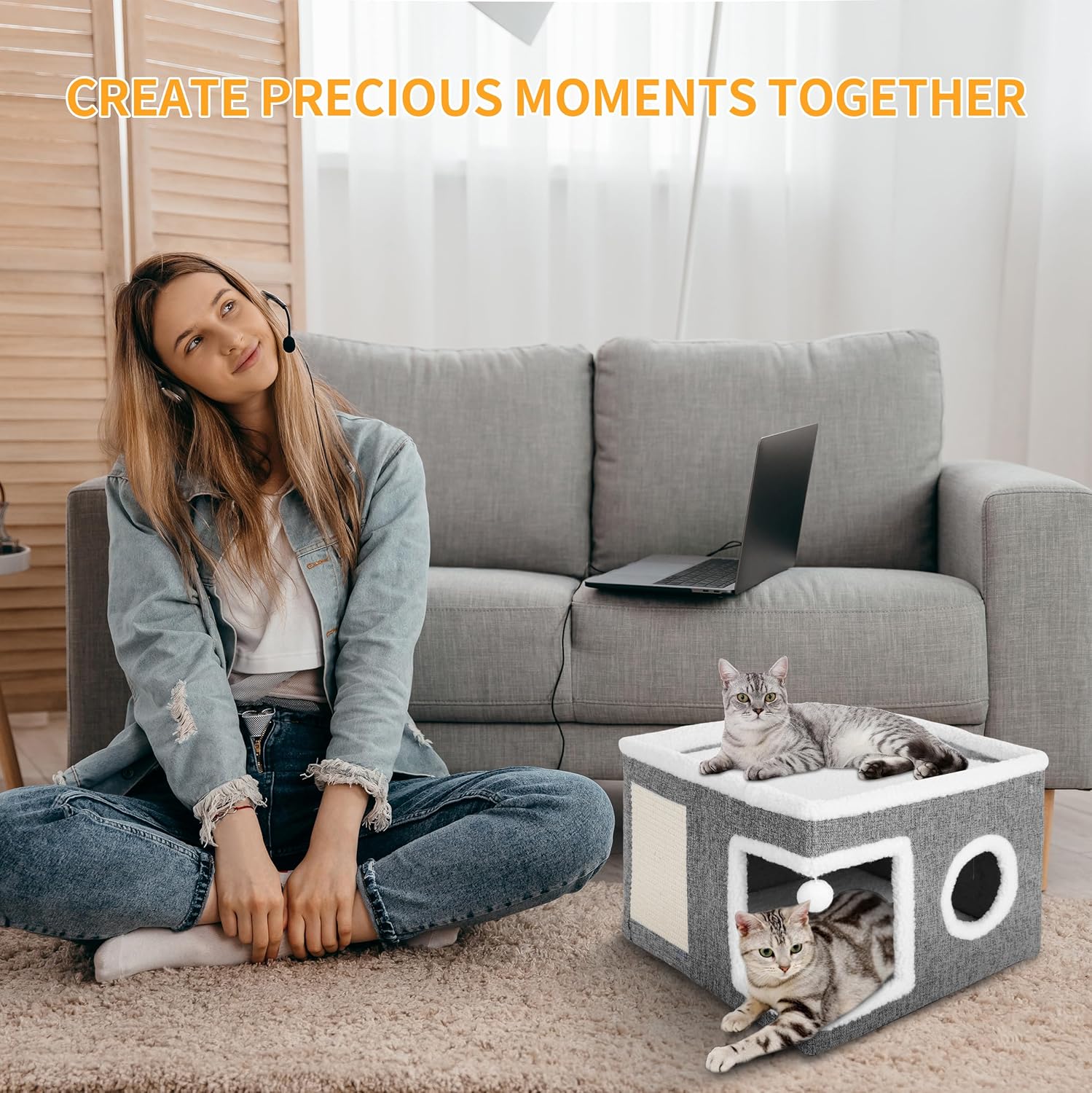 Cat Beds for Indoor Cats, Large Cat Cave with Fluffy Ball and Scratch Pad, Foldable Cat Scratch House with Hideaway Condo for Kitten, Grey
