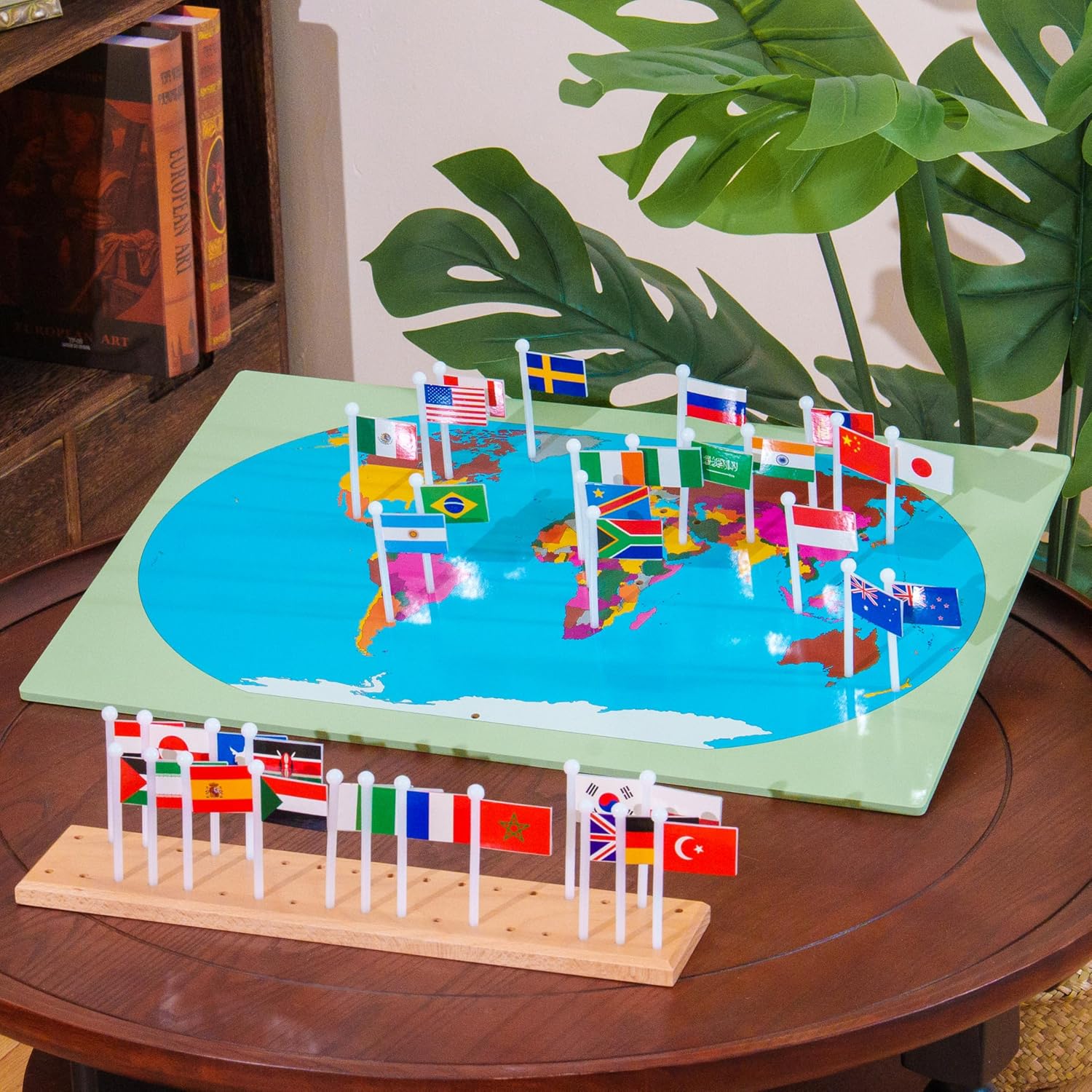 Premium Montessori World Flags Set with 22" Wooden Map- 36 Country Flags, Solid Beechwood, Educational Toy for Kids, Homeschool Classroom Geography Materials(Flags of The World) (Flags of the World)