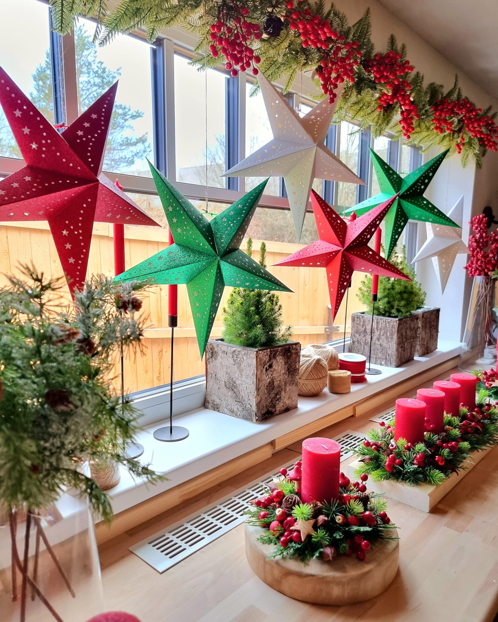 Lot de 2 Étoiles LED en Papier Brillant pour Décoration de Noël 60 cm Vert Motti
