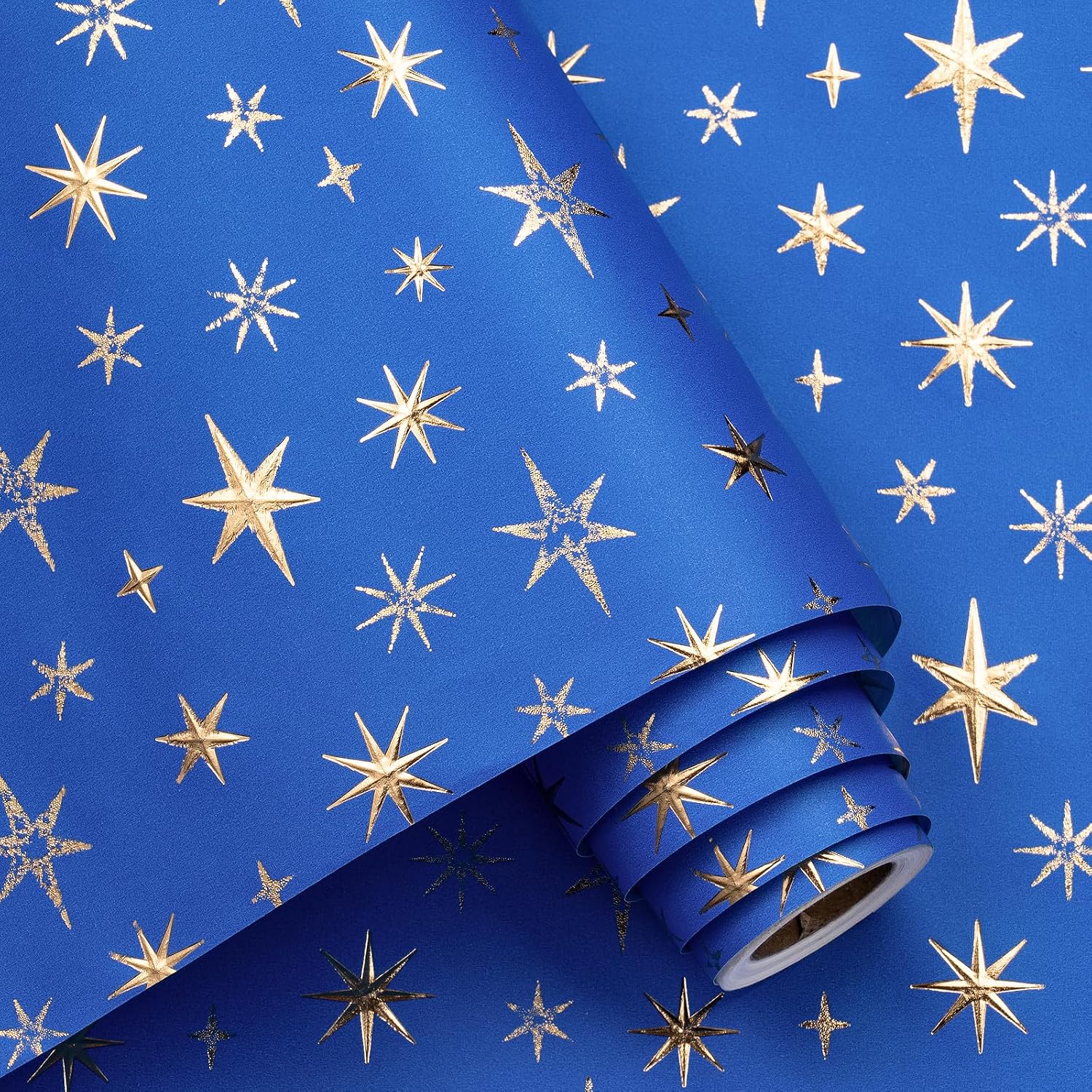 RUSPEPA Blue and Gold Eid Wrapping Paper Roll, Mini Roll, Royal Blue 3D Embossed Foil Star Design, Kraft Gift Wrap Paper for Ramadan, Wedding, Birthday, Baby Shower, Holiday, 17 Inches x 16.4 Feet