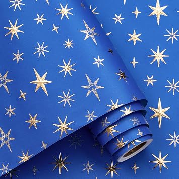 RUSPEPA Blue and Gold Eid Wrapping Paper Roll, Mini Roll, Royal Blue 3D Embossed Foil Star Design, Kraft Gift Wrap Paper for Ramadan, Wedding, Birthday, Baby Shower, Holiday, 17 Inches x 16.4 Feet