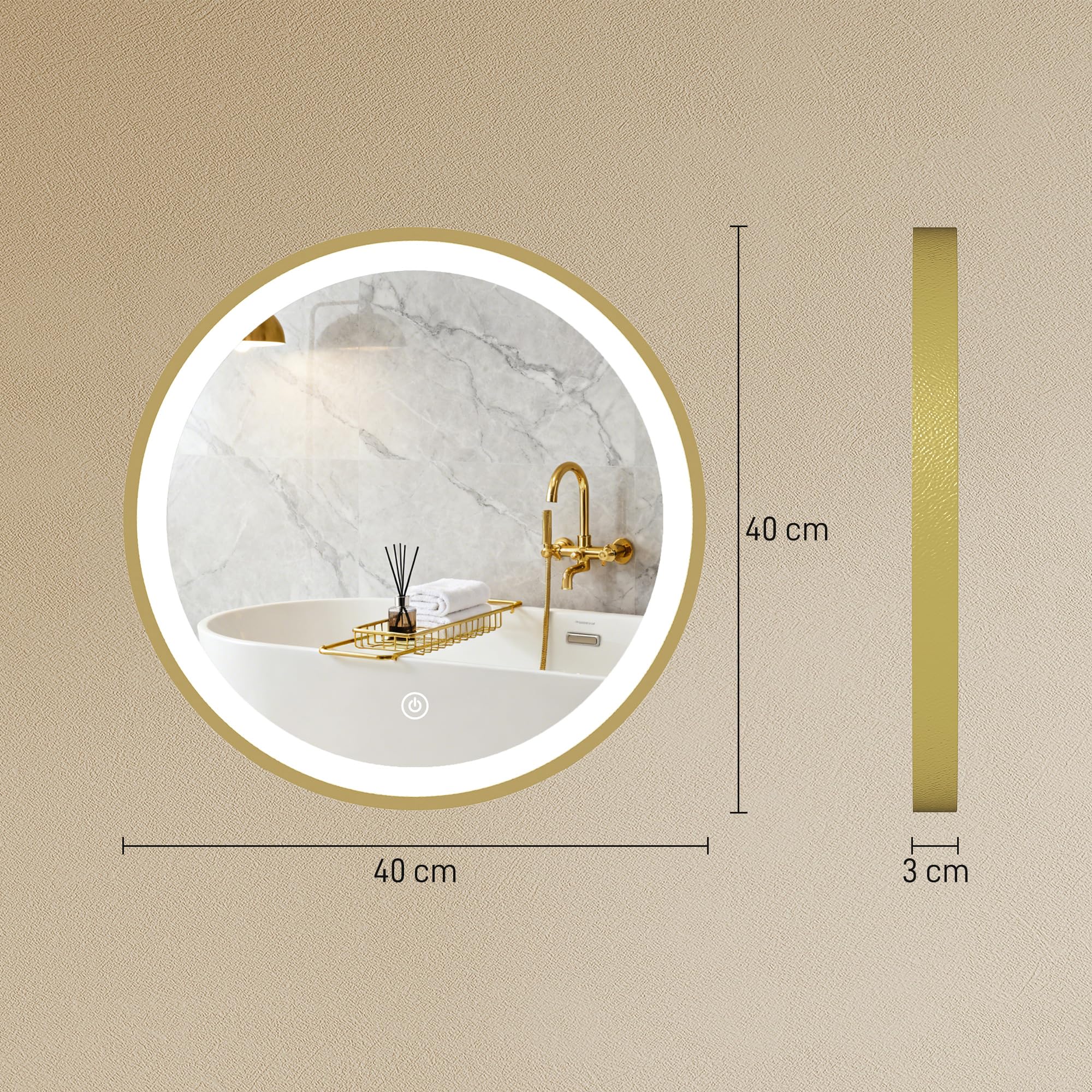 HOMCOM Miroir Salle de Bain avec éclairage LED Rond 40 cm, Miroir Lumineux Mural à 3 températures de Couleur, luminosité réglable, Interrupteur Tactile, doré