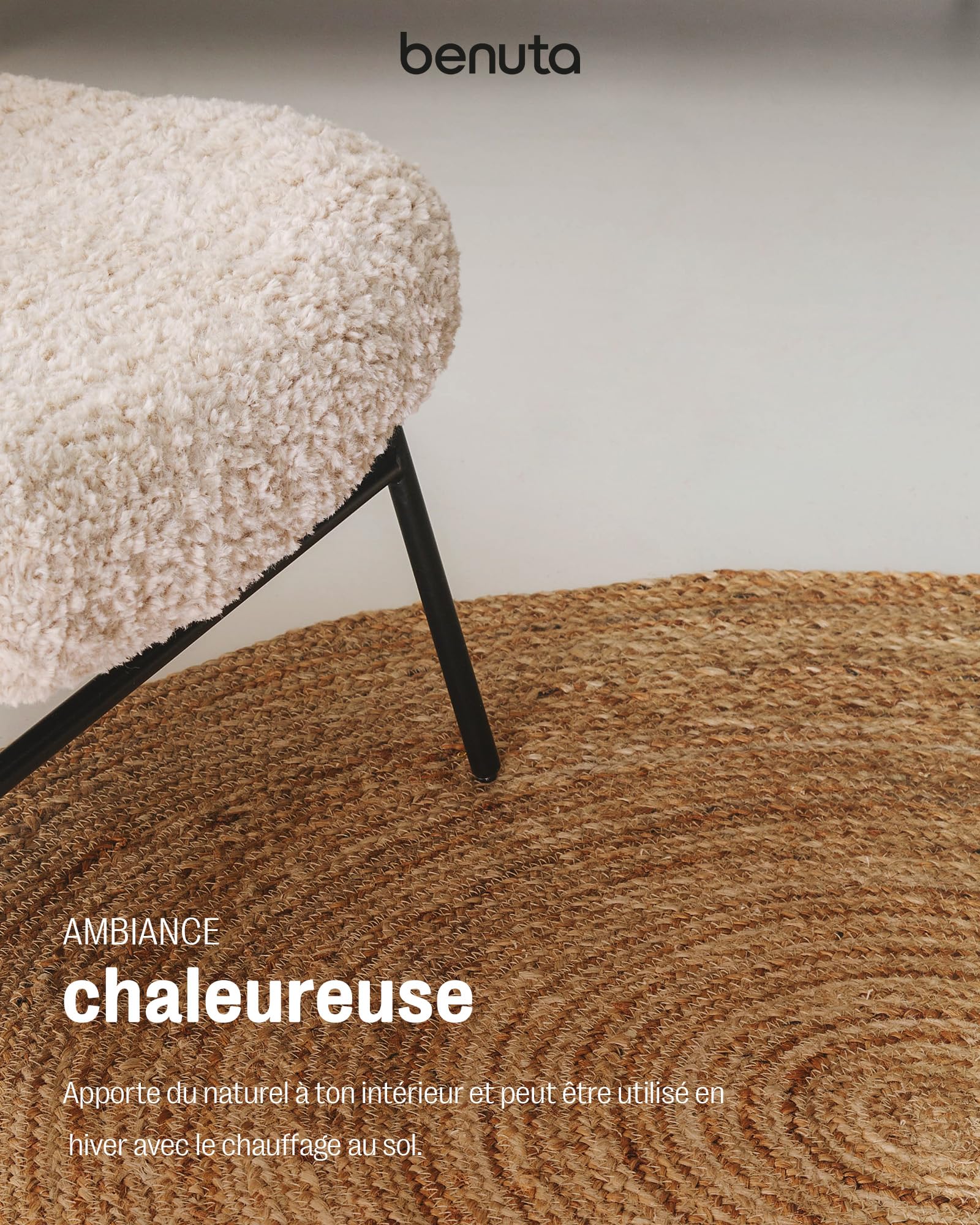 benuta Jutta Tapis en Jute Naturel - Rond 90 cm - Tapis de Salon tissé à la Main - Design Naturel - Convient pour Chauffage au Sol