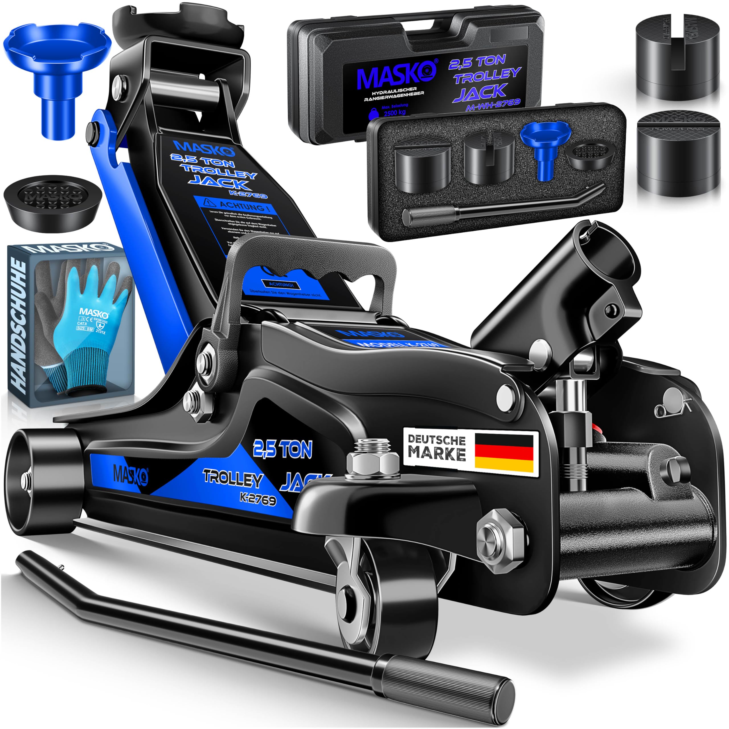 MASKO® Gato Hidráulico de elevación Plana + 2X Almohadilla de Goma + Guantes, Gato de elevación hidráulico 360° Rodillos Gato Hidraulico Caballete 2,5 Toneladas - Azul