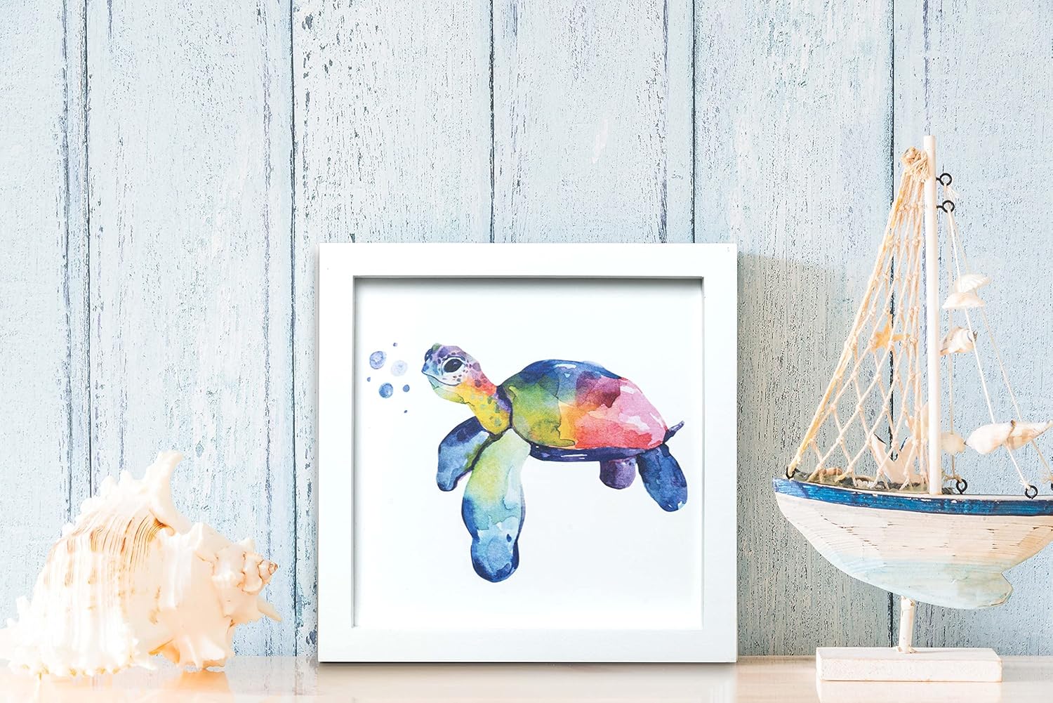 TideAndTales Sea Turtle Wall Decor - Framed 9" x 9" Set of 2 Watercolor Turtles Wall Art, Turtle Pictures Beach Decorations for Home, Beach Bathroom or Nursery, Sea Turtle Gifts for Women