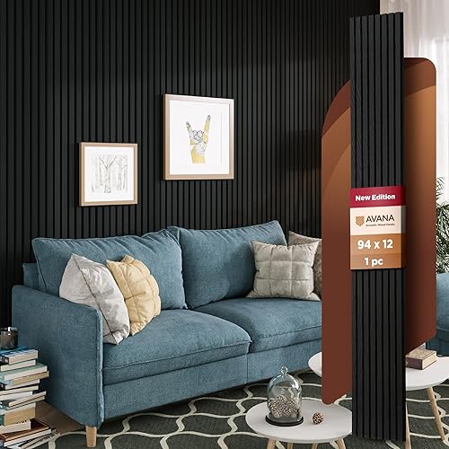 Miniatura 57 de Avana Paneles de pared de madera acústica de 94.4 x 12.6 pulgadas, 4 paneles acústicos de roble negro, 4 unidades, paneles de pared para decoración