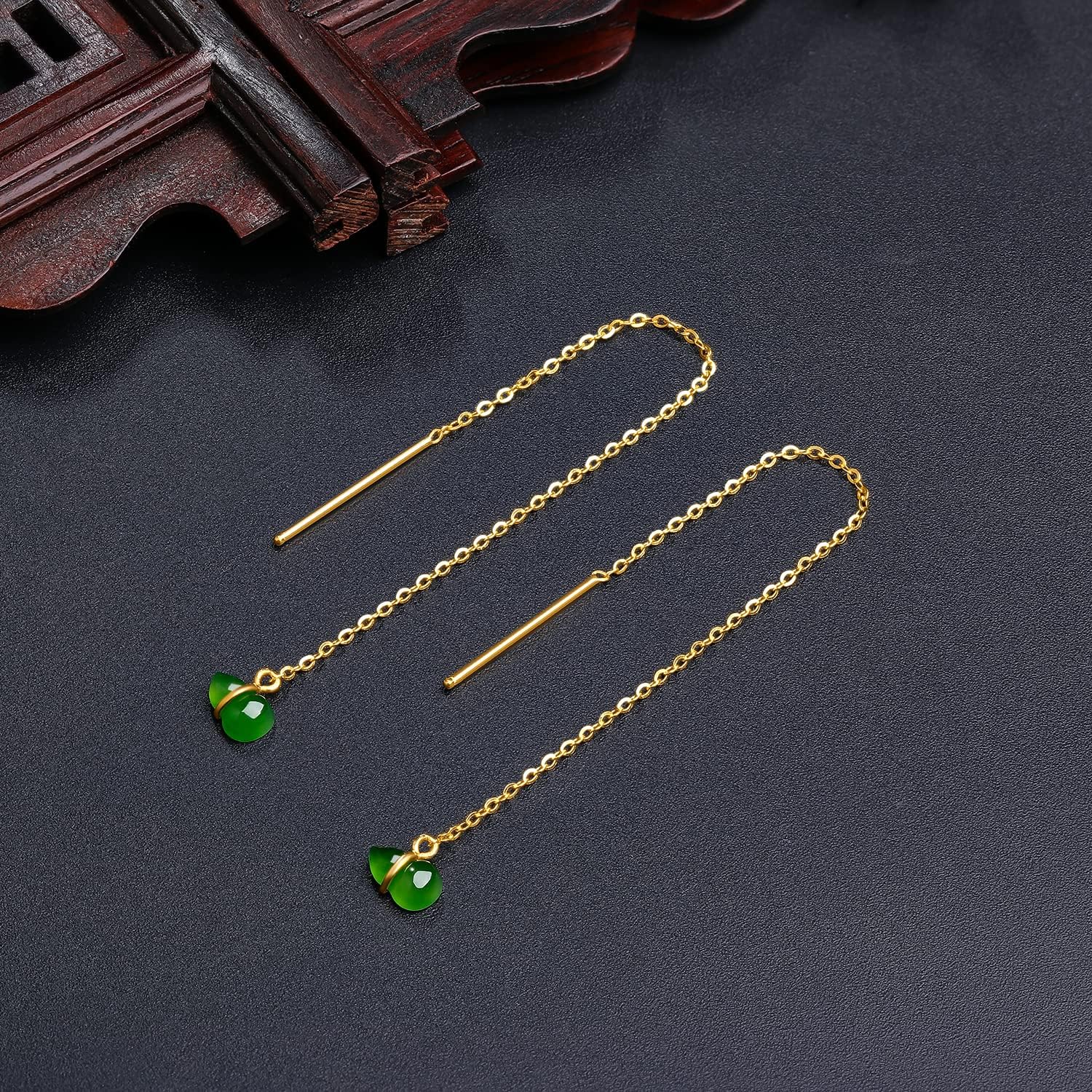 ZHOU LIU FU 24K Solid Gold Earrings Real Pure Green Jade Gold Gourd Threader Dangle Earring Long Chain Trendy Tassel Earrings Drop Dainty Jewelry for Women Her Anniversary Birthday