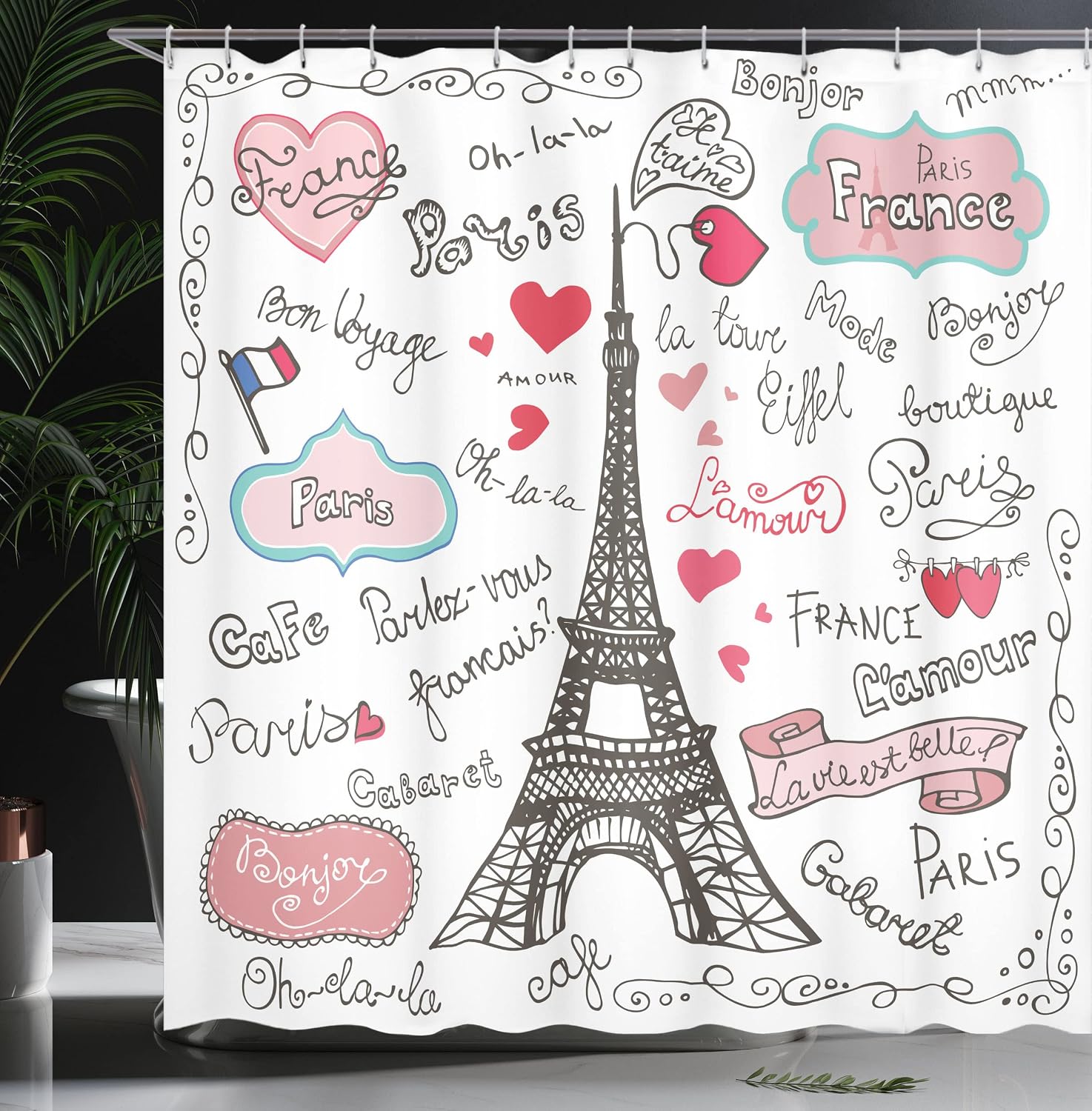 Ambesonne Eiffel Tower Shower Curtain, Paris Lettering Heart Shapes Flag Ornamental Sketchy Doodle, Cloth Fabric Bathroom Decor Set with Hooks, 69" W x 84" L, Black White