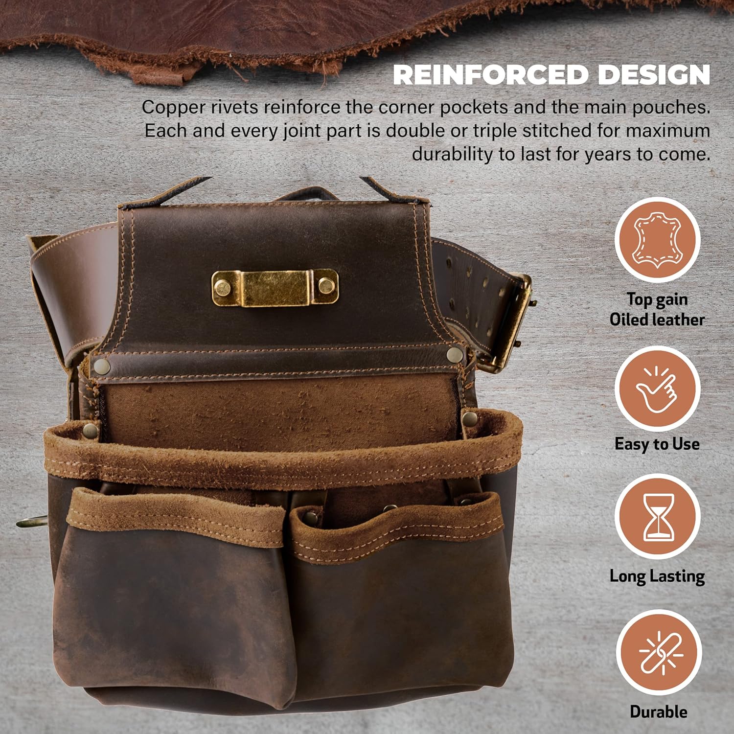 Trailside Genuine Leather Tool Belt for Men, Pouch for Framers, Carpenters, Electrician, Roofing, Construction - Super Framer Perfect for Nails, Hammers, Measuring Tapes, Saddle