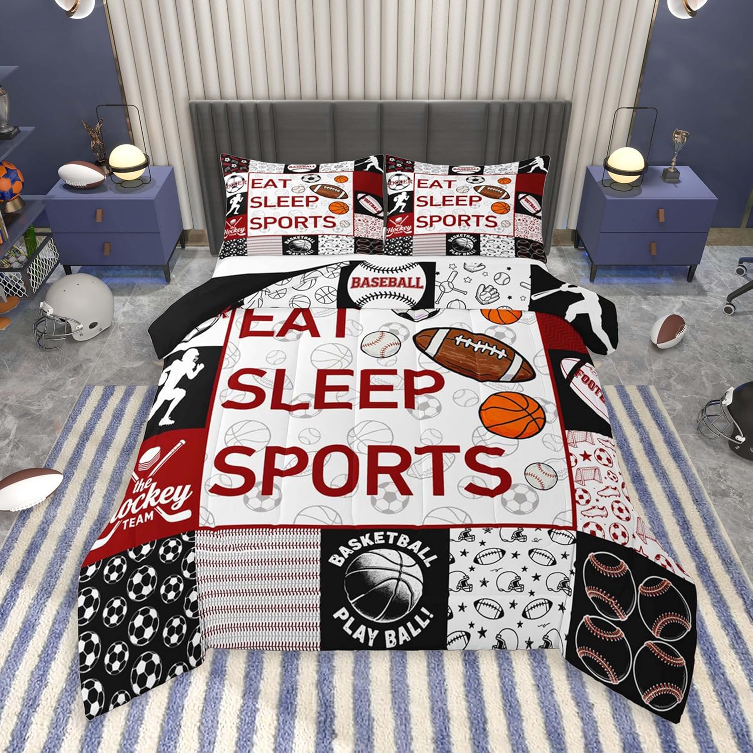 Feelyou Boys Sports Bedding Set for Boys Girls, Football Baseball Soccer Comforter Set Full Size Kids Teens Sports Lover Gift Duvet Quilt Basketball Ice Hockey Bedroom Decor Red with 2 Pillow Cases
