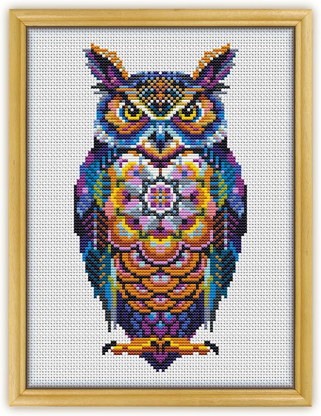 Mandala Owl K1129 Counted Cross Stitch KIT#3. Threads, Needles, Fabric, Embroidery Hoop and Printed Color Pattern Inside. Embroidery Pattern