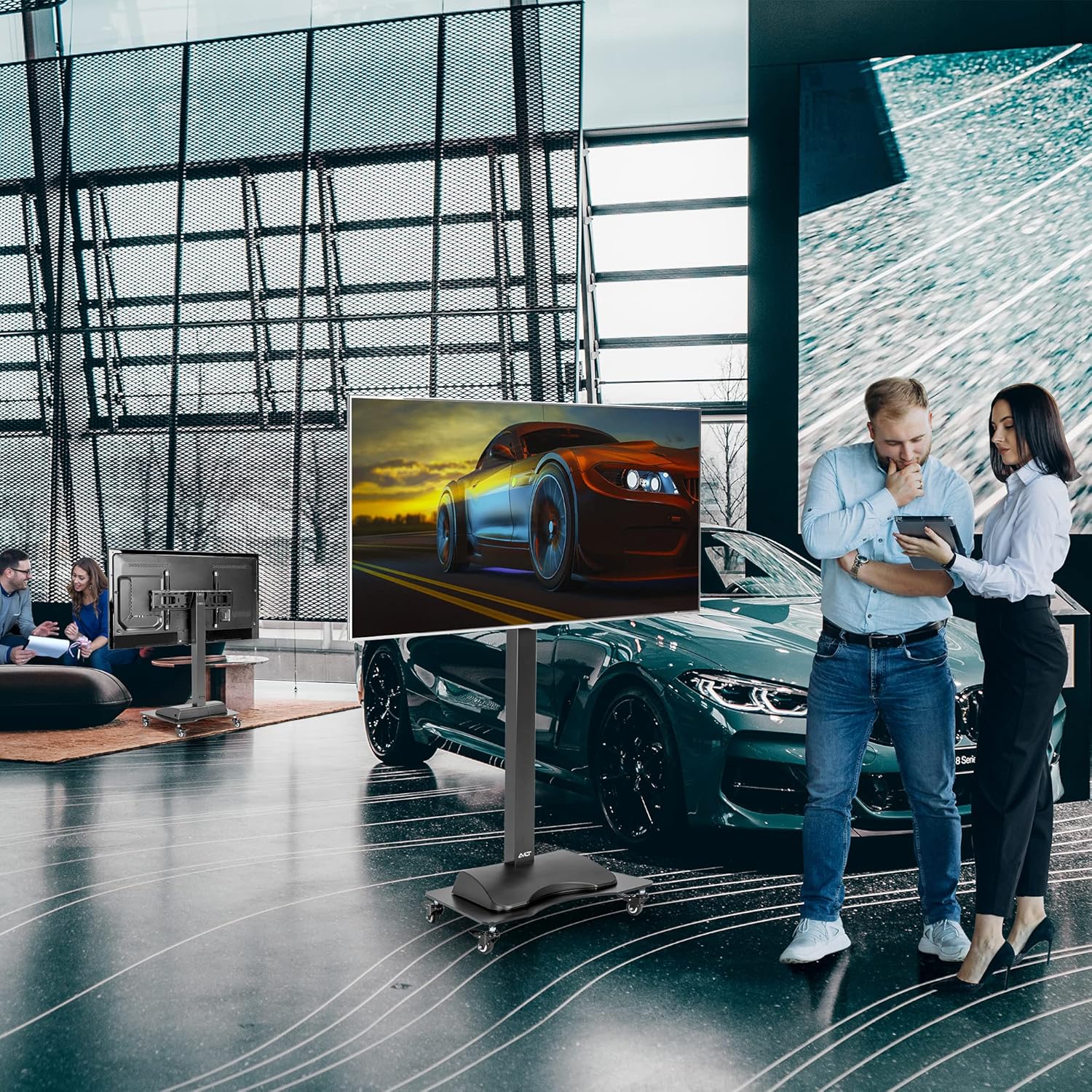 AVLT Motorized & Mobile 2-in-1 TV Lift Cart for 37-75 inch Flat/Curved Screens Automated Lift with Remote Height Adjustable up to 57" Floor Rolling Stand with Locking Wheels for Home Office