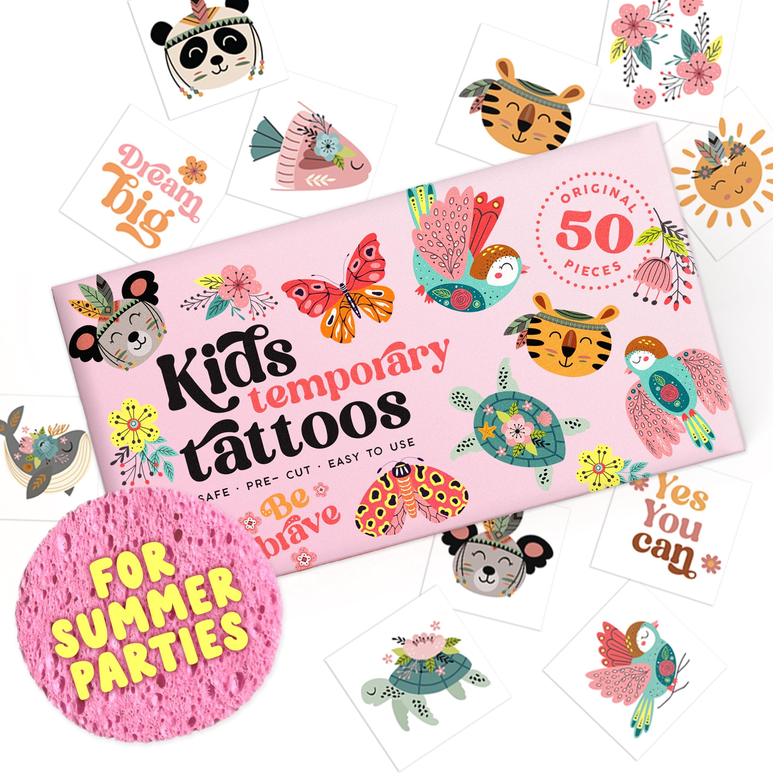 Kids Temporary Tattoos - Made in Europe Hypoallergenic, Pre-Cut, 50 Pcs Original Kid Tattoos, Designs with Sea World, Butterflies, Flowers, Motivational Words - Gift Tattoos for Boys and Girls