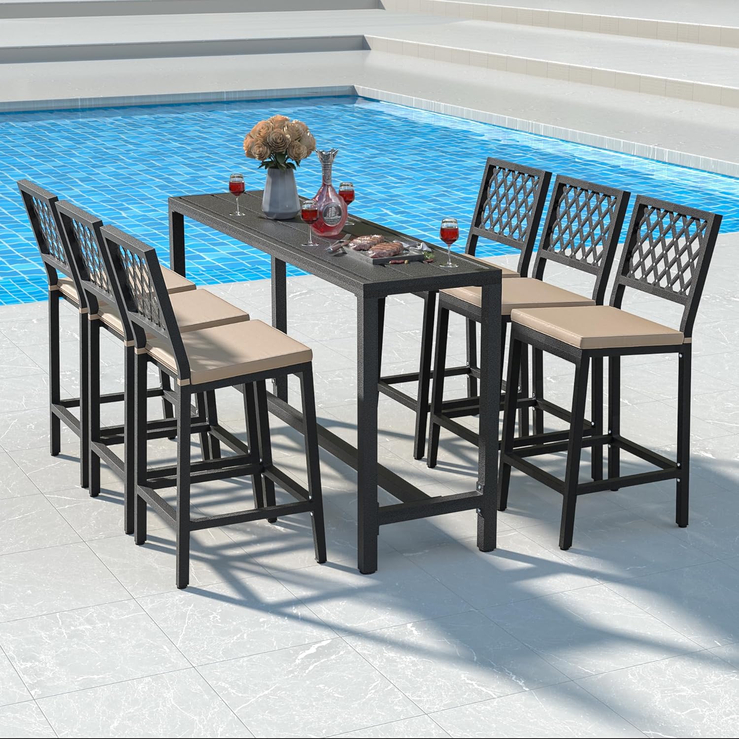 3-Piece Outdoor Patio Bar Set, Bar Height Patio Dining Set, Weather-Resistant Bistro Counter Pub Set with Cushions & Slatted Tabletop for Backyard (Gray, 47" Table and 2 "X stools)