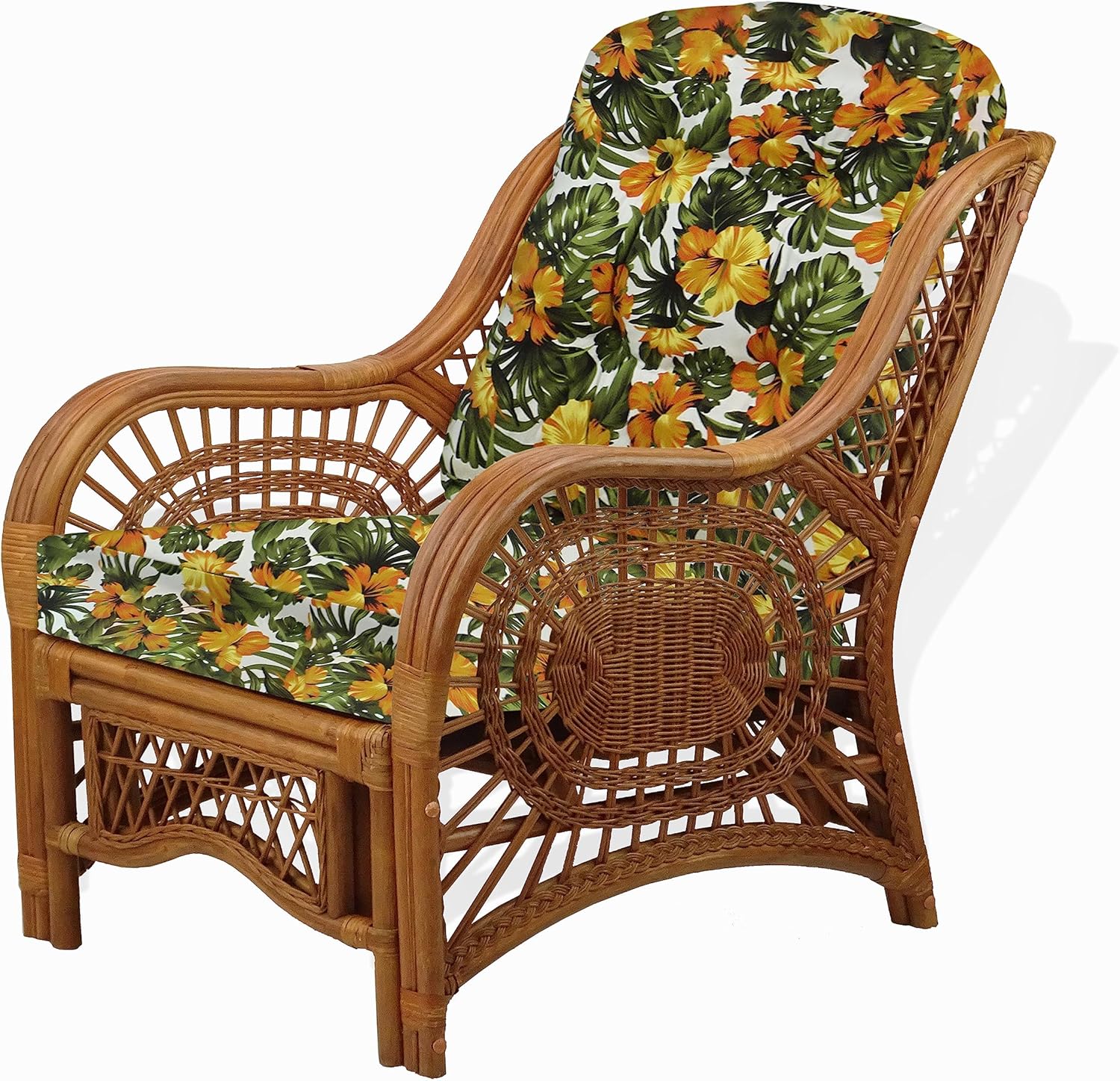 Malibu Lounge Living Accent Armchair Natural Rattan Wicker Handmade Design, Colonial Color with Floral Cushion