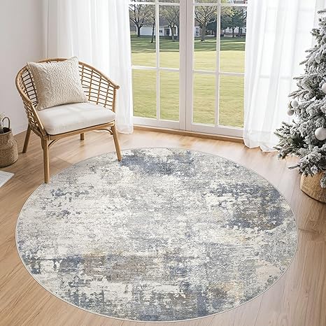 5ft Round Area Rug Living Room Rugs - 5x5 Washable Neutral Modern Abstract Soft Thin Rug Indoor Floor No Slip Rug Carpet for Bedroom Under Dining Table Home Office Decor - Blue Grey