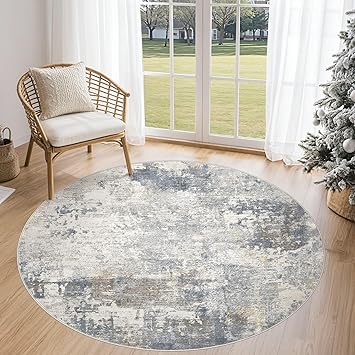 5ft Round Area Rug Living Room Rugs - 5x5 Washable Neutral Modern Abstract Soft Thin Rug Indoor Floor No Slip Rug Carpet for Bedroom Under Dining Table Home Office Decor - Blue Grey