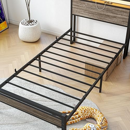 Miniatura 7 de BOFENG Base de cama individual con cabecera de madera y estación de carga USB, plataforma de metal resistente, marco de cama individual LED, tamaño