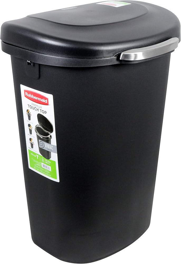 Rubbermaid 1843027 Touch Top 13 Gallon Plastic Wastebasket Trash Can or  Recycling Bin w/ Spring Open Lid & Liner Lock, Black