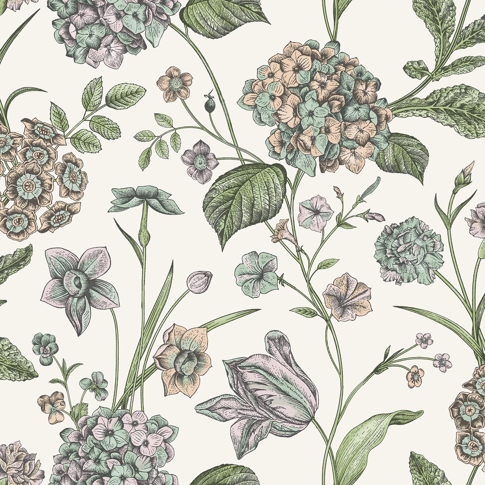 Rasch Hydrangea Floral Themed Hand-Drawn Effect Wallpaper for Bedrooms, Hallways, Dining Rooms Cream/Multi 260162