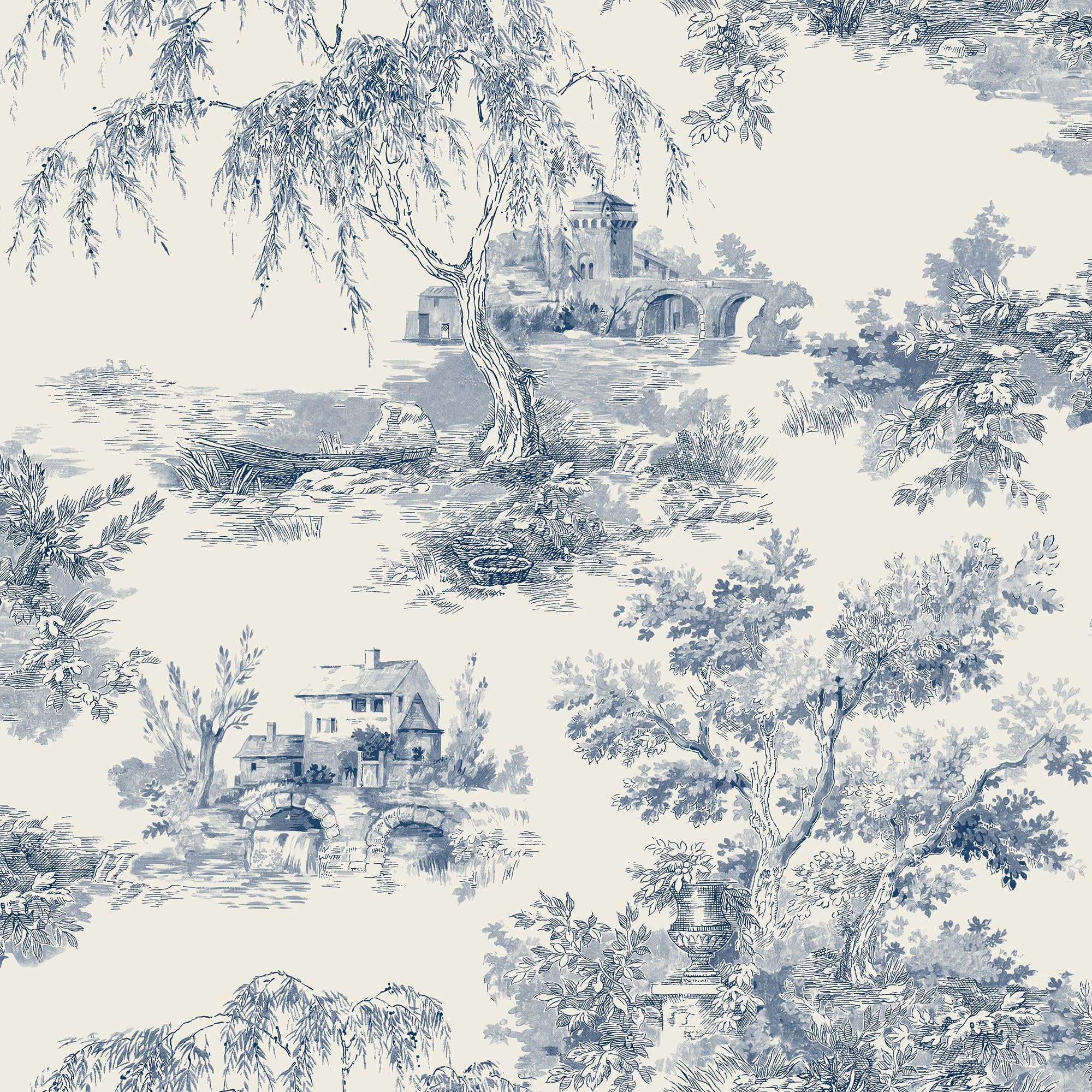 Grandeco Blue French Vintage Toile Trees Smooth Wallpaper,
