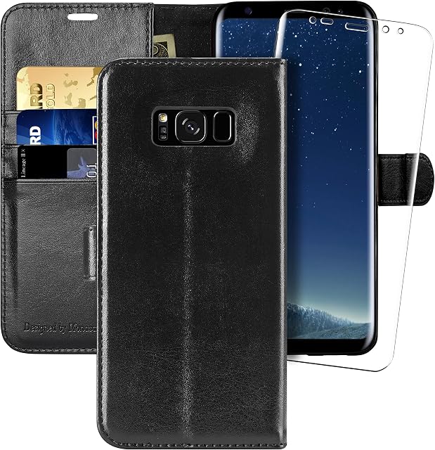 MONASAY Galaxy S8 Wallet Case, 5.8-inch, [Included Screen Protector] Flip Folio Leather Cell Phone Cover with Credit Card Holder for Samsung Galaxy S8,Black