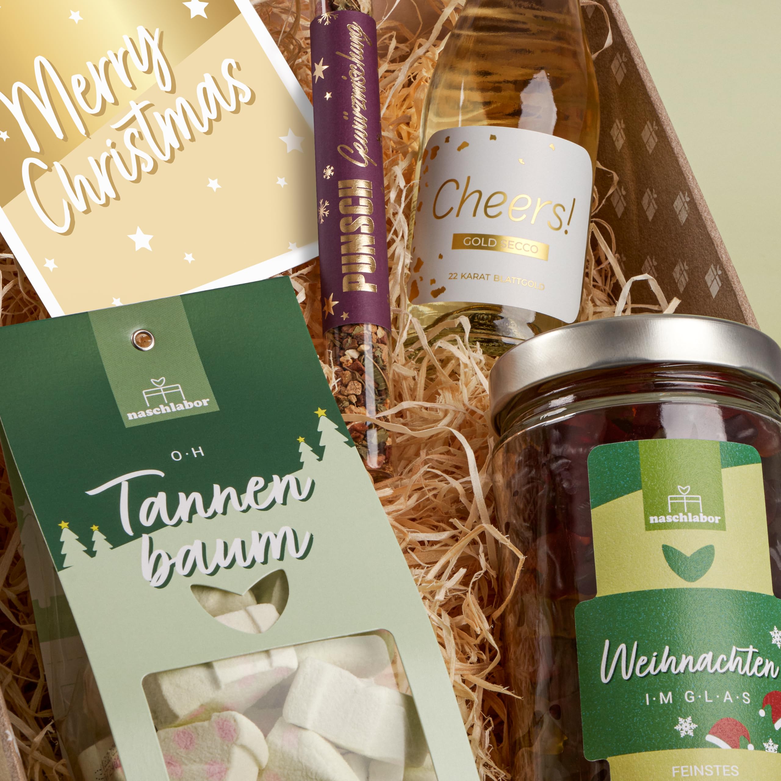 Merry Christmas Geschenkbox | Weihnachtsgeschenke für Freunde, Familie oder Kollegen | Süßigkeiten Mix zu Weihnachten | Gold Secco 22 Karat | Punsch Gewürzmischung