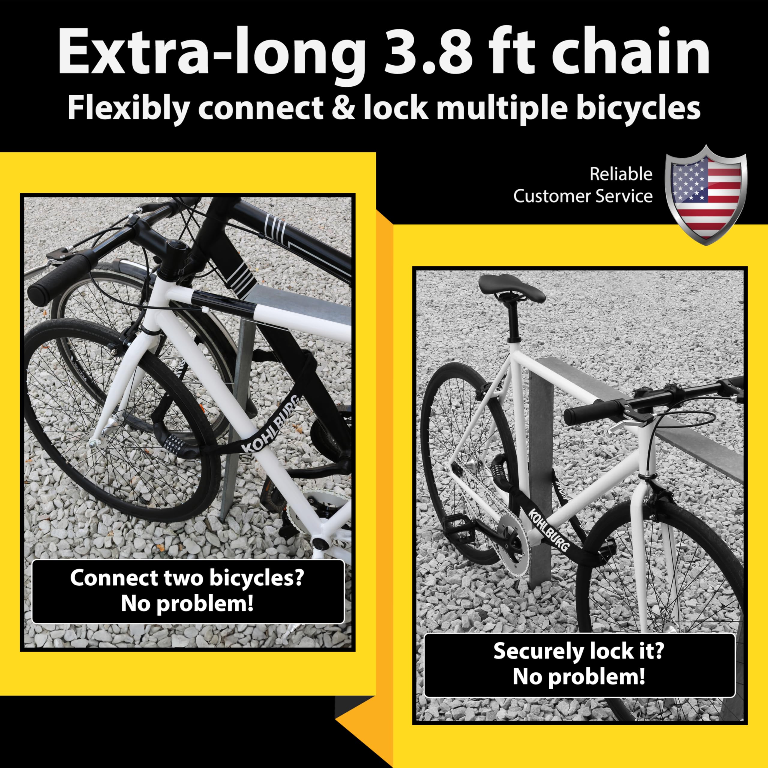 KohLBURG Lucchetto a combinazione molto lungo, 115 cm di lunghezza e 6 mm di spessore, forte lucchetto a catena con combinazione numerica, lucchetto sicuro per bicicletta ed e-bike