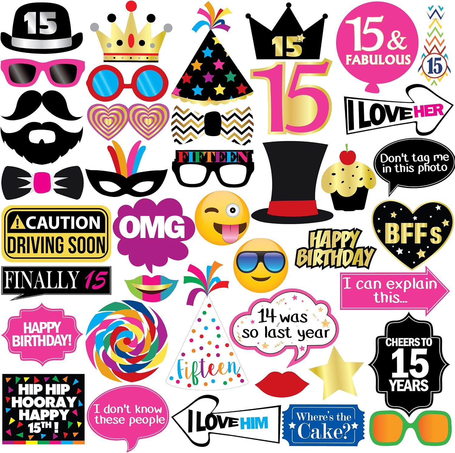 15th Birthday Photo Booth Props - 40 Pieces - Funny Birthday Party Supplies for Him or Her - Photo Booth Decorations, Favors and Gifts