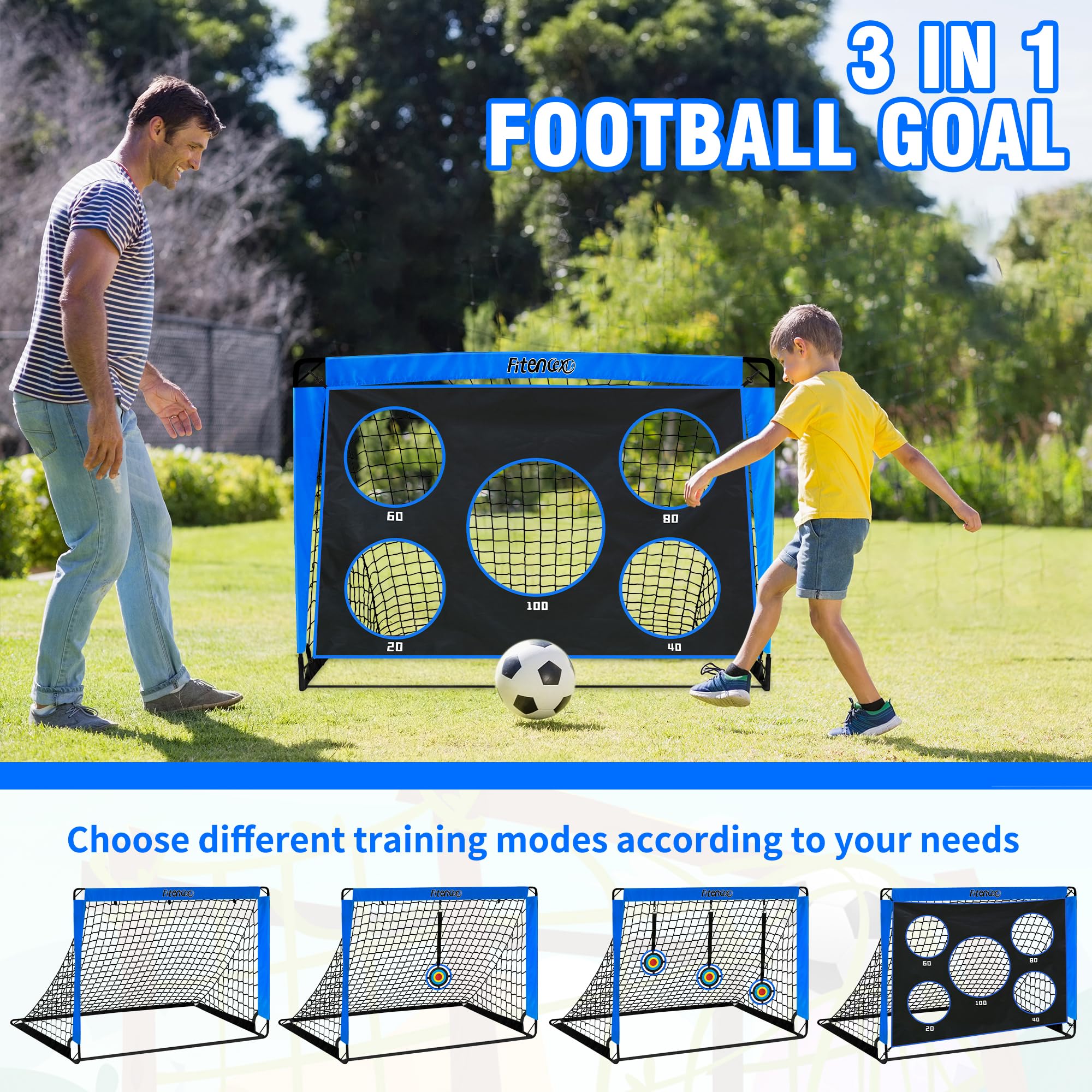 Fußballtor Kinder - 3-in-1 Pop Up Tor mit Torwand | Goal für Garten, Park & Strand | Outdoor Fussballtore mit 5 Schusslöchern, 3 Zielscheiben & 6 Hindernissen | inkl. Tasche & Bodennägel