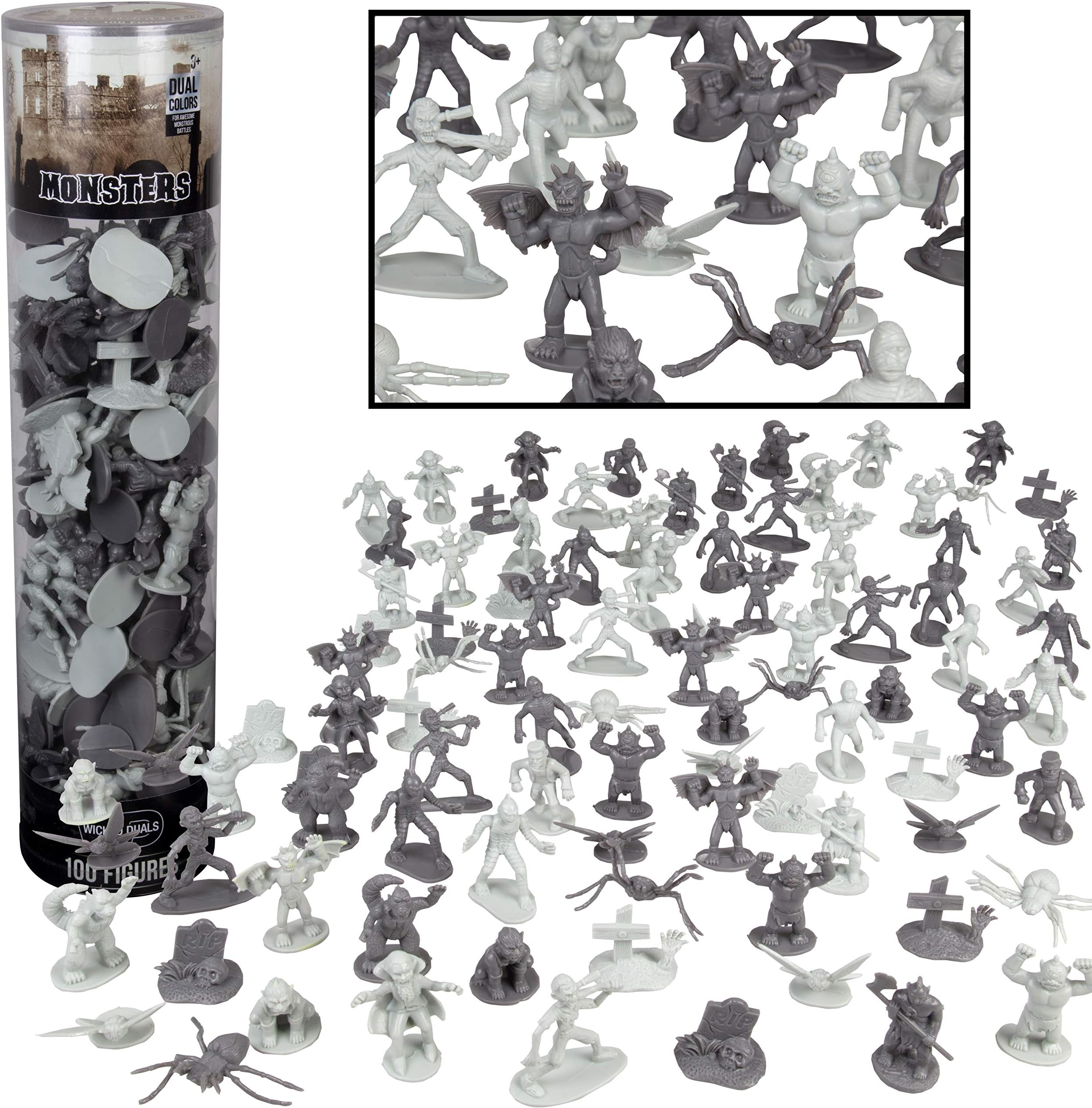 Monster Action Figure Set- 100pc Horror Toy Figure - from Dracula to Frankenstein to Giant Spiders- Perfect for Cake Toppers, Party Favors, Decorations, RPG Role Playing Games - Fully Paintable
