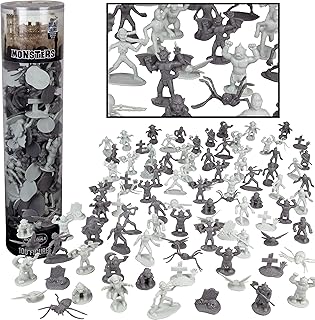 Monster Mini Action Figure Playset- 100 Horror Toy Miniatures w 13 Unique Sculpts - Dracula, Frankenstein, Giant Spiders and More- XL 1/32nd Scale Halloween Character Accessories