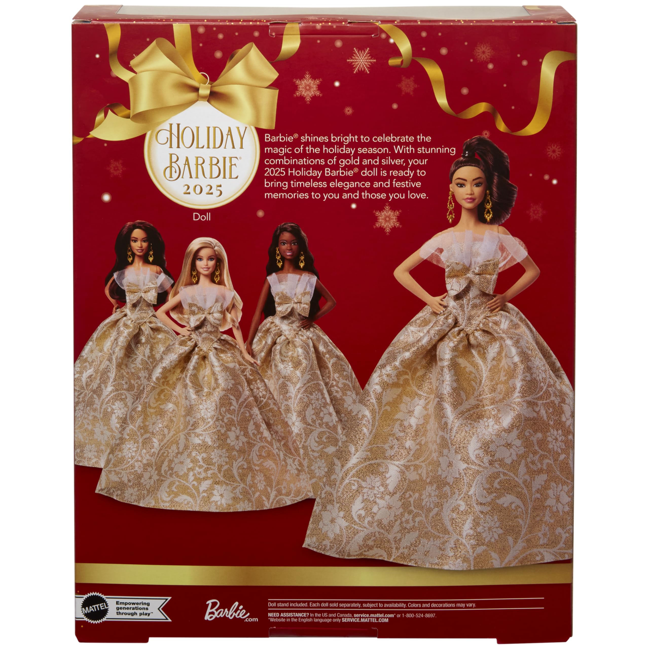 Barbie Signature 2025 Holiday Light Brown Hair Fashion Doll Wearing Silver & Gold Gown, Seasonal Collector in Displayable Packaging & Stand