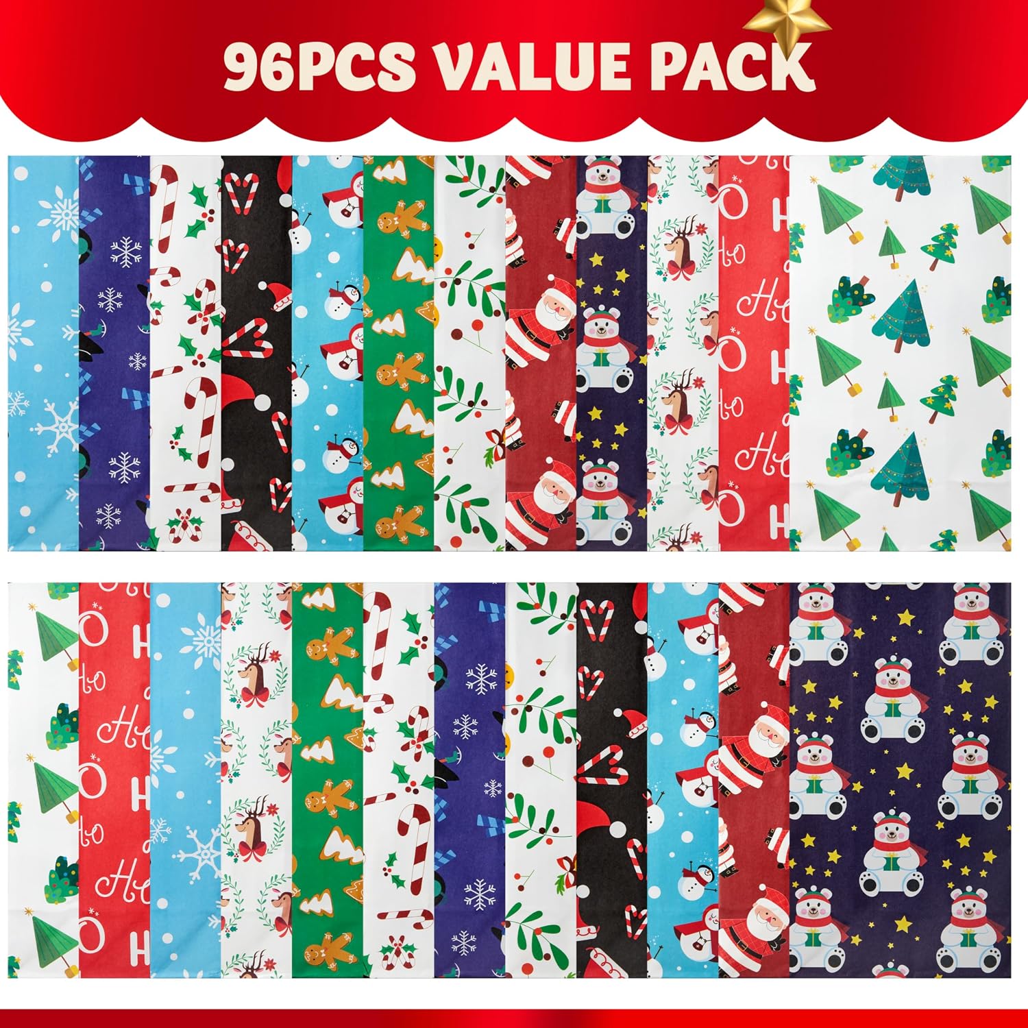 JOYIN 96 PCS Christmas Goody Bags with 12 Designs, Xmas Goodie Candy Gift Bags for Classrooms Festivals Birthdays Party Supplies, Christmas Holiday Treat,Present Packing (9" x 5" x 3")