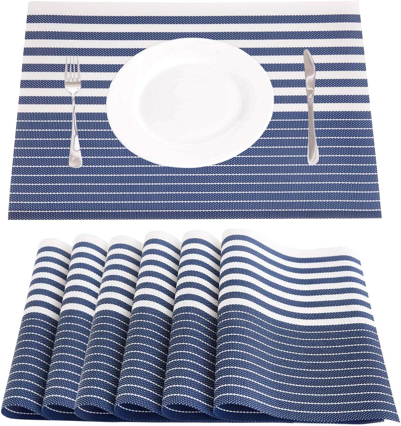 NJCharms Placemats Set of 6, Heat Resistant Washable Nautical Blue Placemats for Dining Kitchen Table Environmental PVC Wipeable Crossweave Vinyl Woven Placemats Table Mats Easy to Clean, Navy Blue
