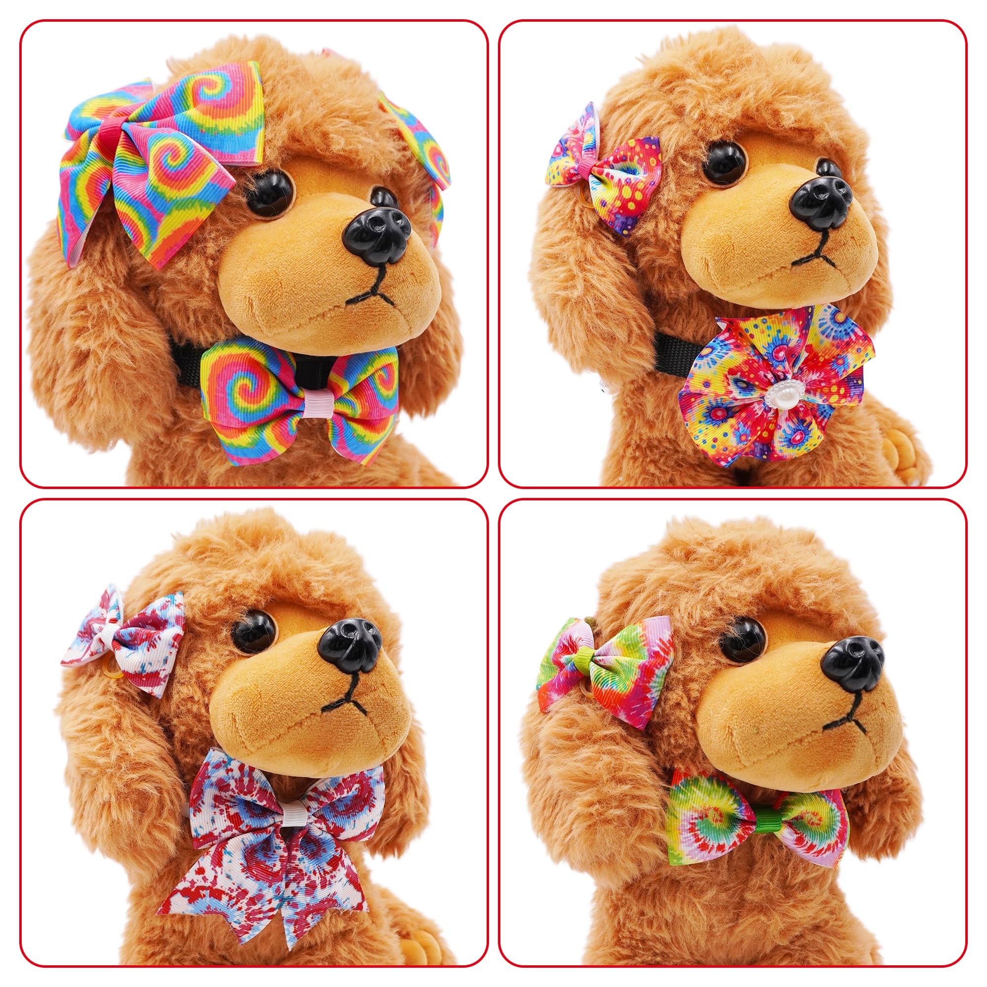 La confezione da 120 fiocchi per cani tie dye include 60 collari per cani, fiori e papillon, 20 papillon con collare regolabile, 40 fiocchi per capelli per ragazze, femmine, ragazzi, cani