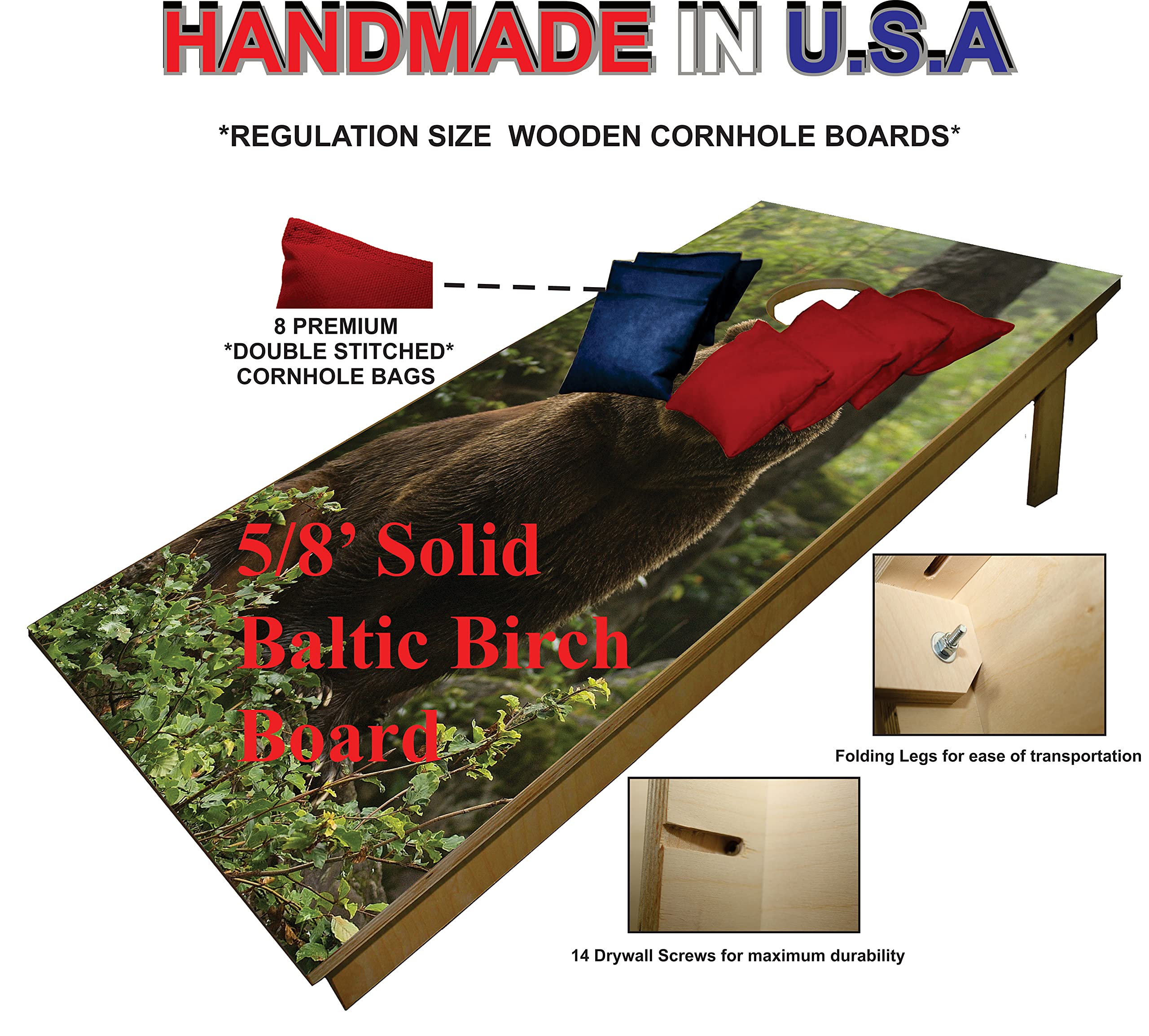 Premium Cornhole Set - Grizzly Bear Nature Tailgate Cornhole Boards w Set of 8 Cornhole Bags! 38