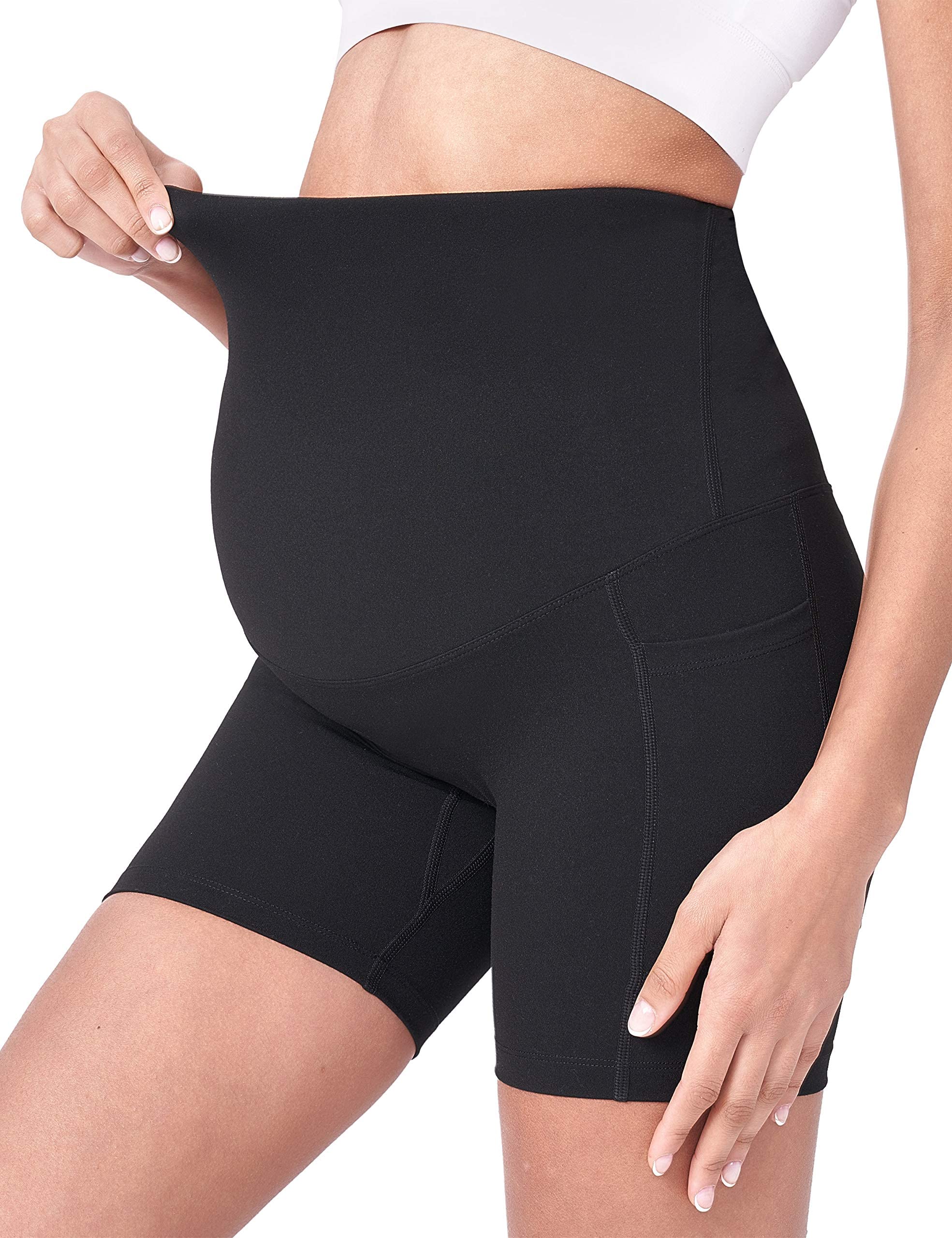 THE WHITE SHOPTHE WHITE SHOP Women's Maternity Yoga Shorts Over The Belly Bump Summer Workout Running Active Short Pants with Pockets/Black/L