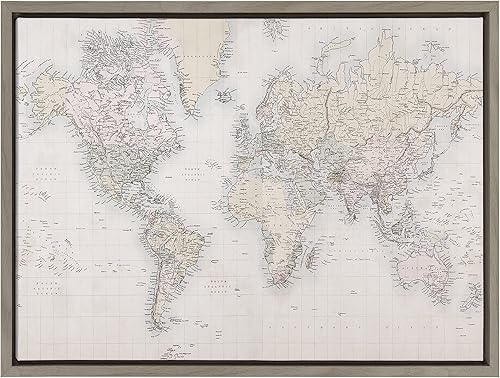 Kate and Laurel Sylvie - Lienzo enmarcado con mapa del mundo vintage por The Creative Bunch Studio 18 x 24 pulgadas, color gris arte decorativo de