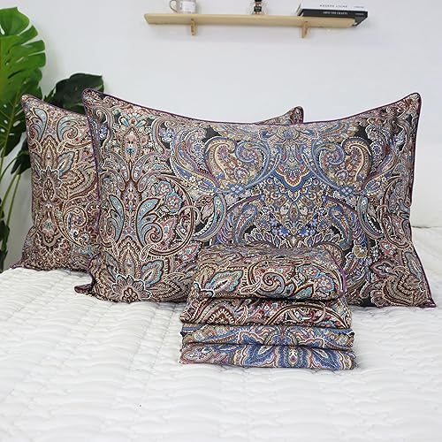 Miniatura 2 de Softta Juego de ropa de cama vintage de 4 piezas con estampado de cachemira marrón y morado, 1 funda de edredón + 1 juego de sábanas bajeras + 2