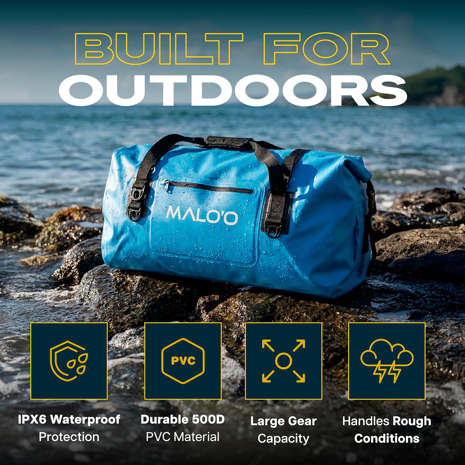 Malo’o Waterproof Dry Duffel, Heavy-Duty Roll Top Waterproof Gear Bag with Shoulder Strap & Molle Loops, Marine Duffel for Kayaking, Boating, Camping, Beach & Travel, Blue, 40L - Image 2