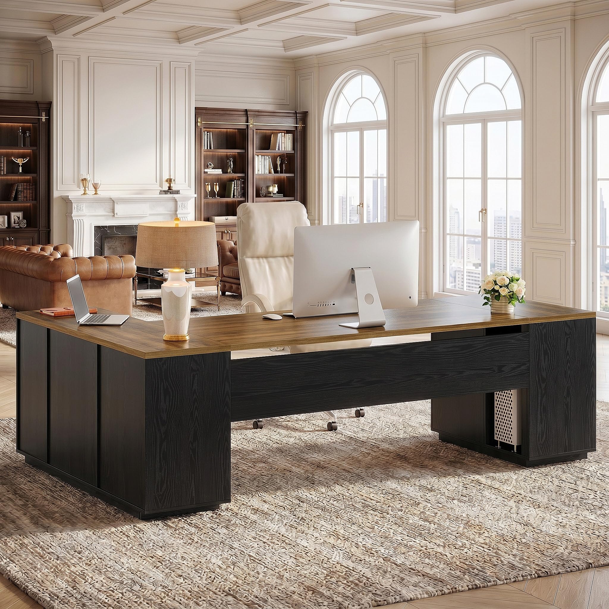 Photo 1 of [PARTIAL SET BOX A ONLY] Tribesigns 85.8-Inch L-Shaped Executive Desk with File Drawers, Door Cabinet & Shelves, Extra Large Commercial Office Desk, Modern Professional Office Table, Business Furniture, Warm Brown & Black