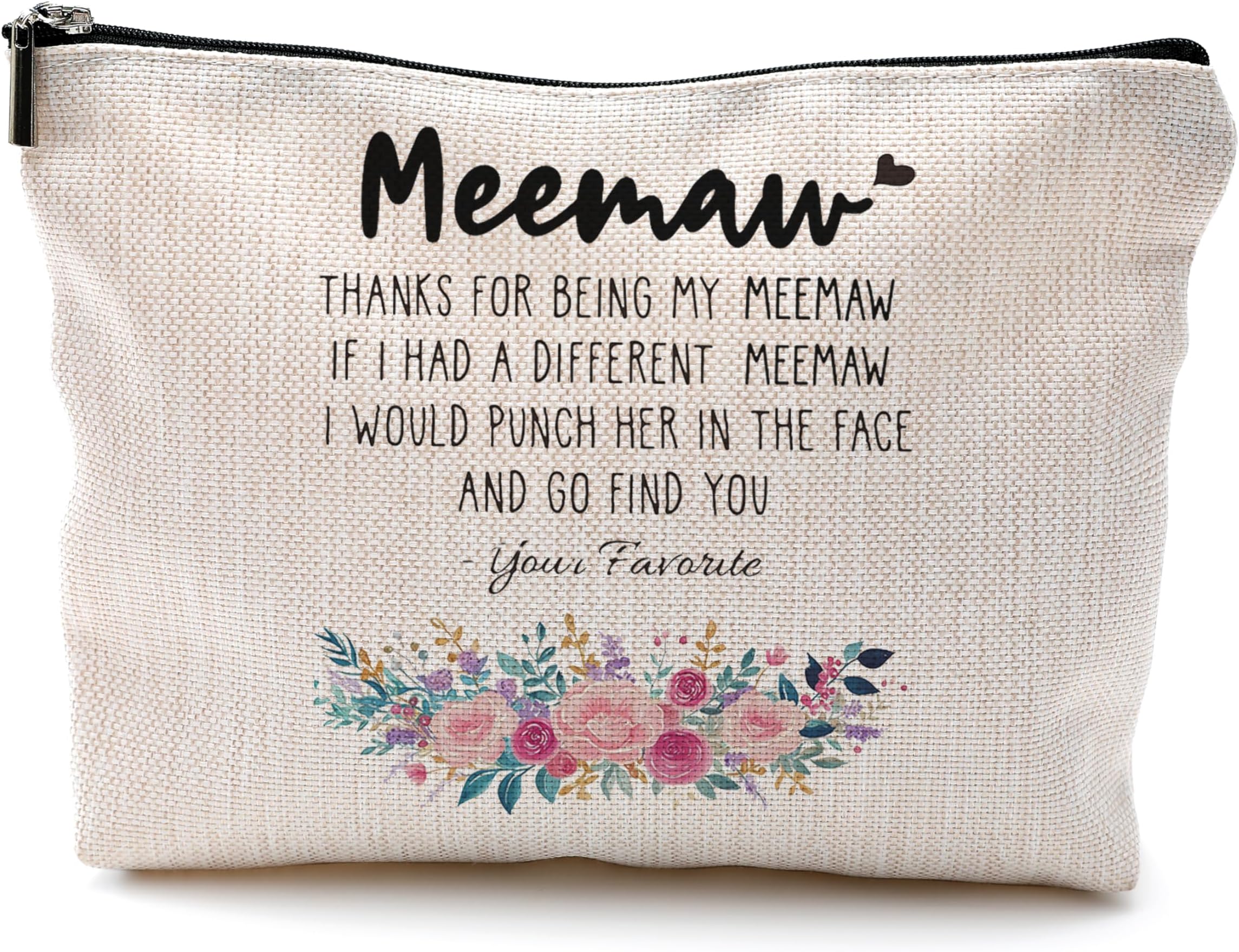 QGFMFunny Meemaw Gifts Makeup Cosmetic Bag - Memaw Mothers Day Gift, Memaw Grandma Gifts from Grandkids, Memaw Birthday Gifts, Best Grandma Gifts, Meemaw Floral Small Makeup Bag for Purse
