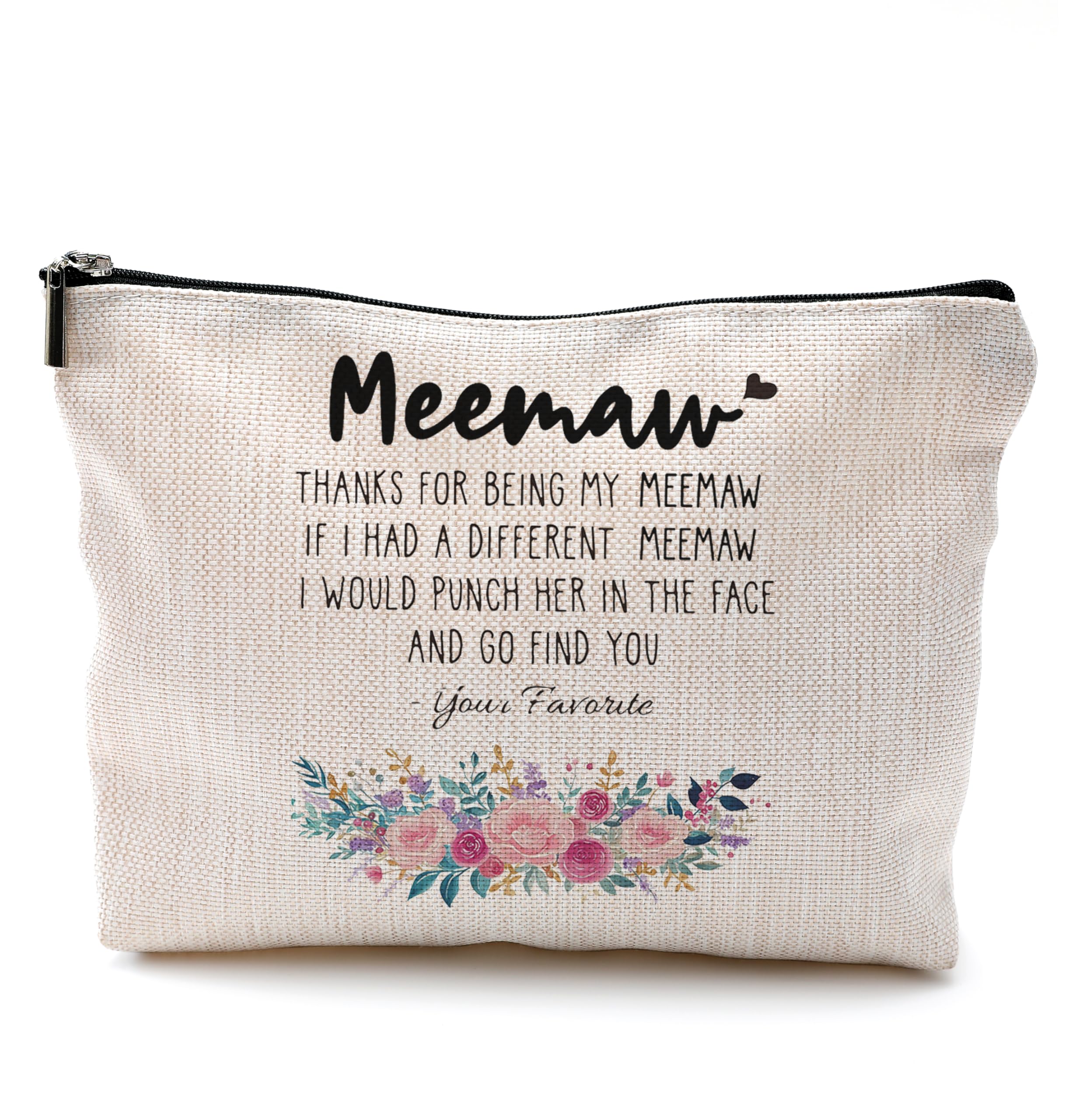 QGFMFunny Meemaw Gifts Makeup Cosmetic Bag - Memaw Mothers Day Gift, Memaw Grandma Gifts from Grandkids, Memaw Birthday Gifts, Best Grandma Gifts, Meemaw Floral Small Makeup Bag for Purse