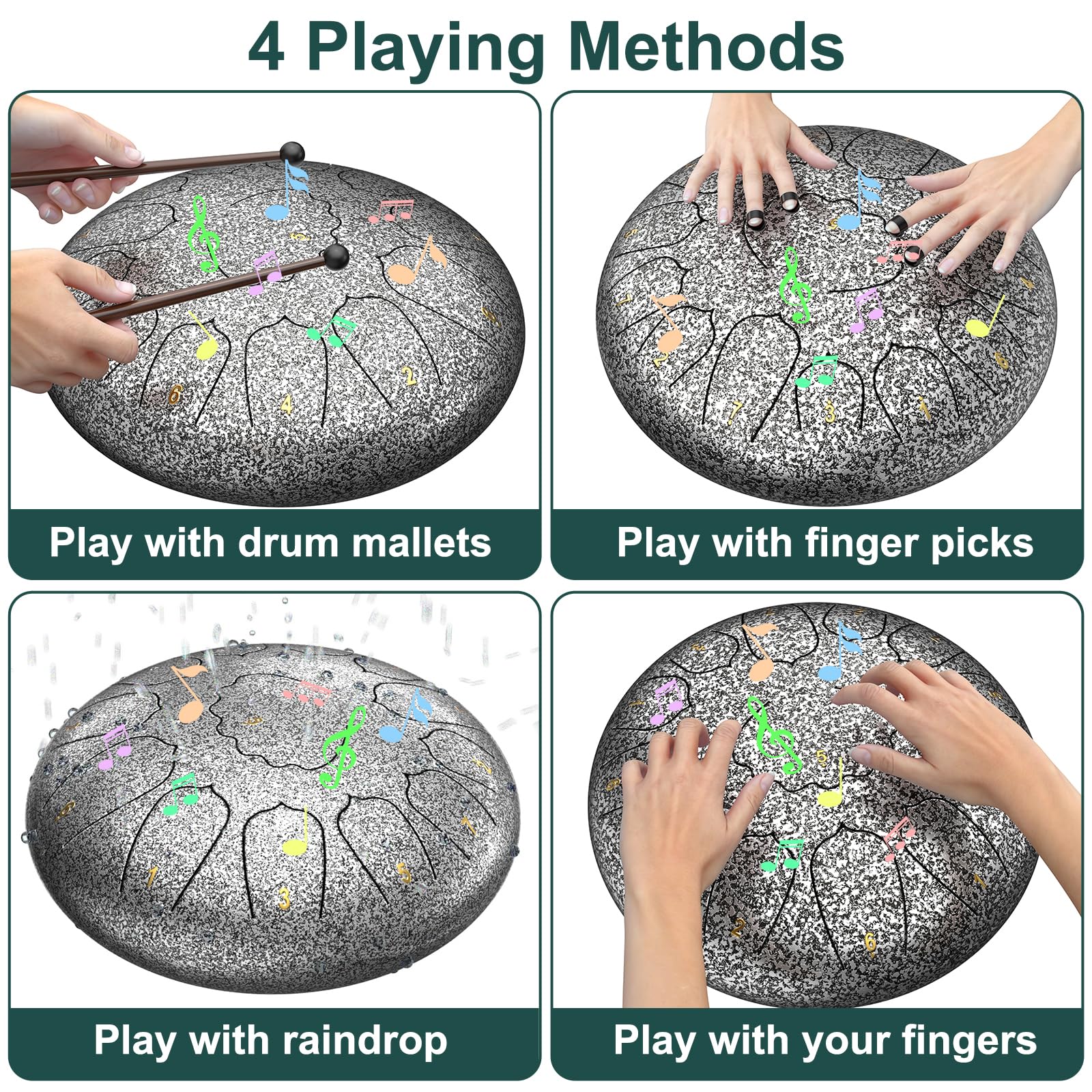 D Major Steel Tongue Drum Handpan, 12 Inch 13 Note Rain Drum for Outside Garden, Meditation Rain Chime, Musical Percussion Instrument for Adult Gift with Bag, Music Book, Drum Mallets (Star Sliver) 4