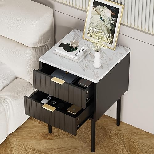 Miniatura 2 de Anbuy Juego de 2 mesitas de noche de mármol negro con cajones, mesita de noche a rayas con mango dorado, mesita de noche con parte superior de