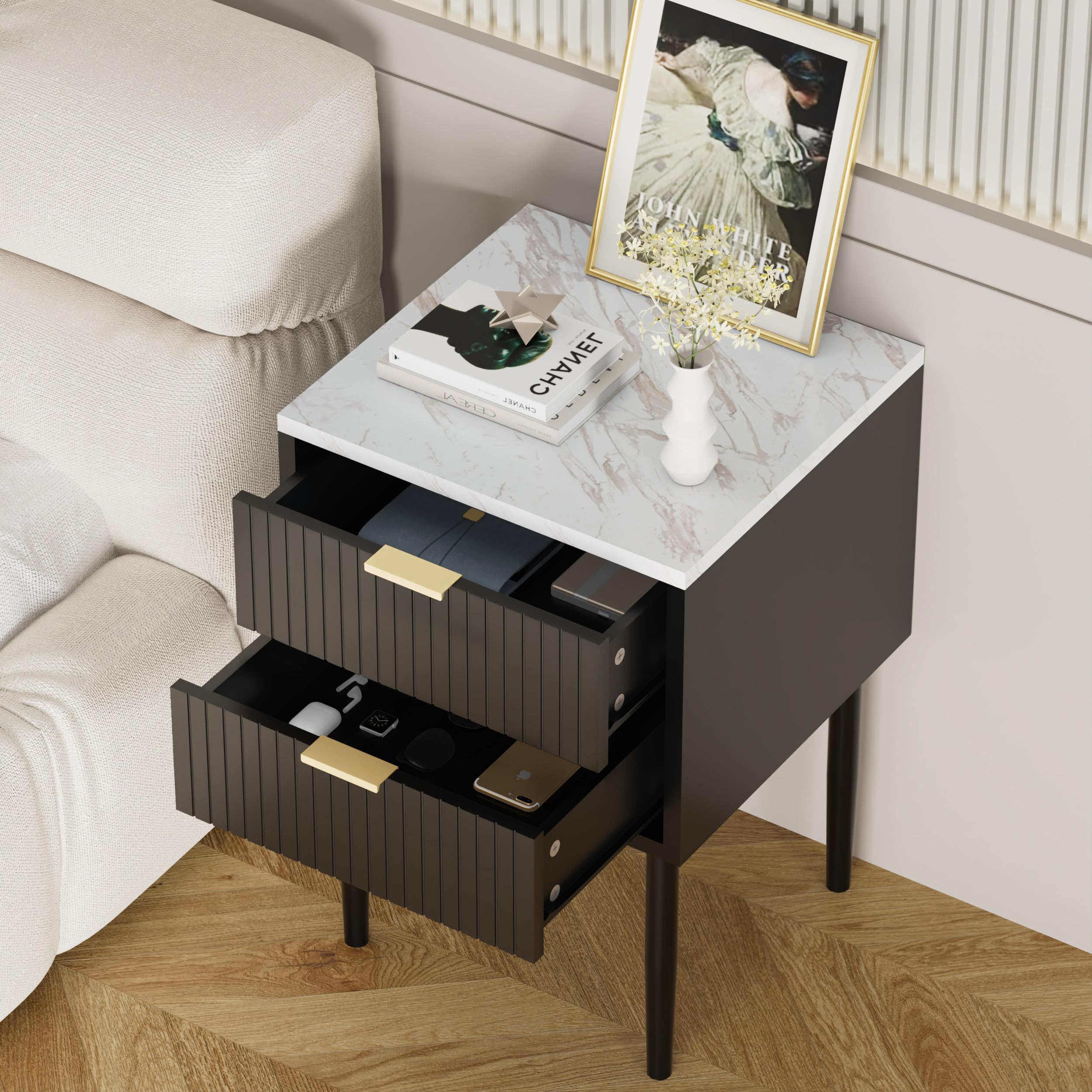 Nachtkastje, Set Van 2, Bijzettafel, Met Lade, Handvat, Open Vak Salontafel Voor Slaapkamer Woonkamer Klassiek Wit